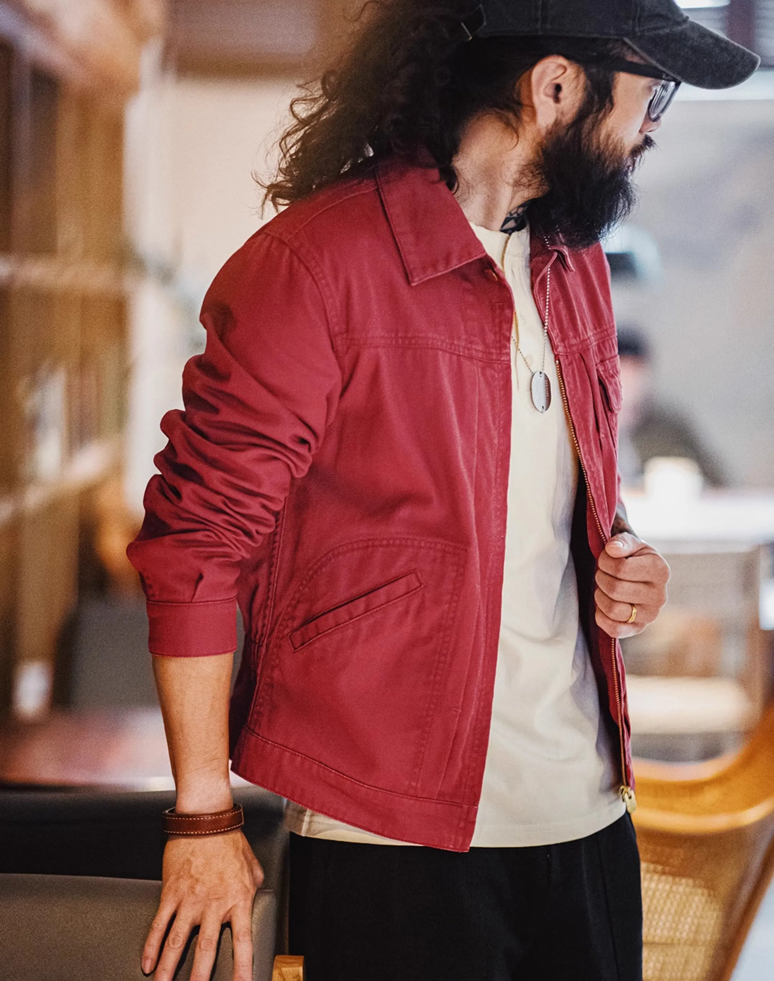 American Retro Heavy Embroidery Champion Red Slim Canvas Men's Jacket