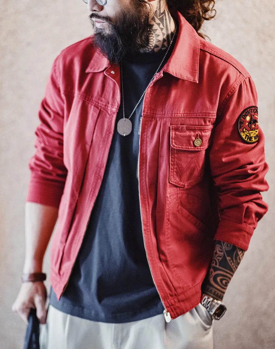 American Retro Heavy Embroidery Champion Red Slim Canvas Men's Jacket