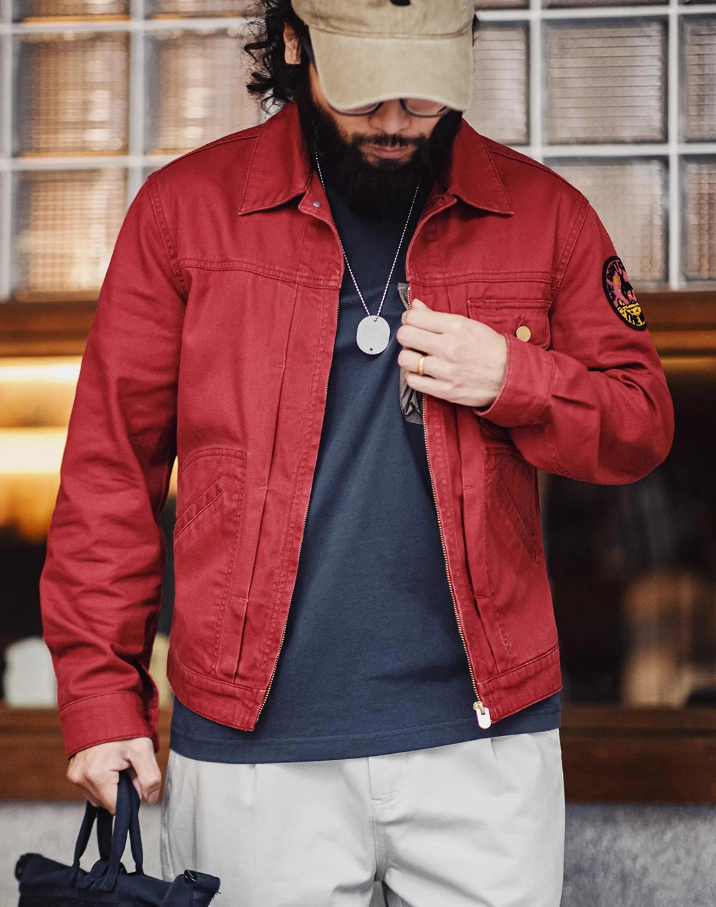 American Retro Heavy Embroidery Champion Red Slim Canvas Men's Jacket