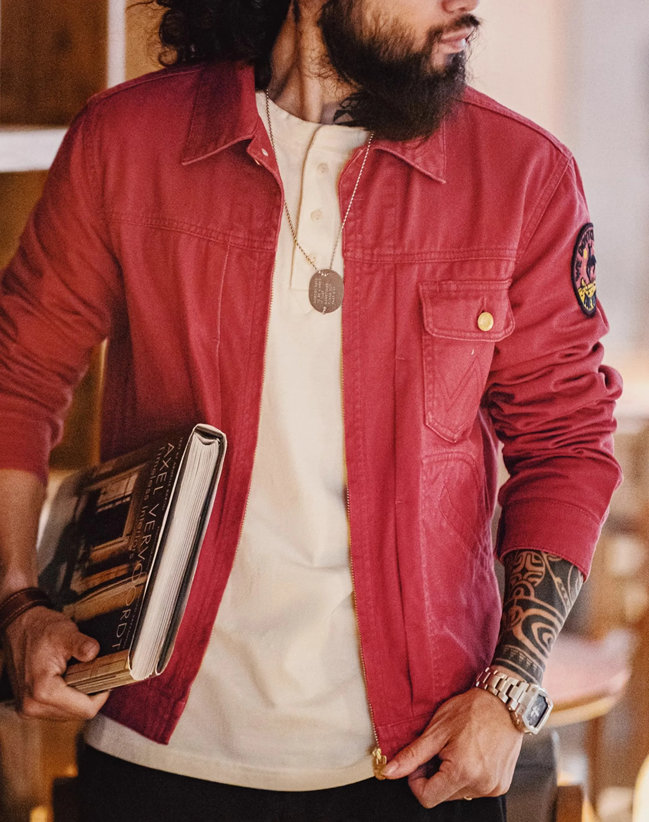 American Retro Heavy Embroidery Champion Red Slim Canvas Men's Jacket