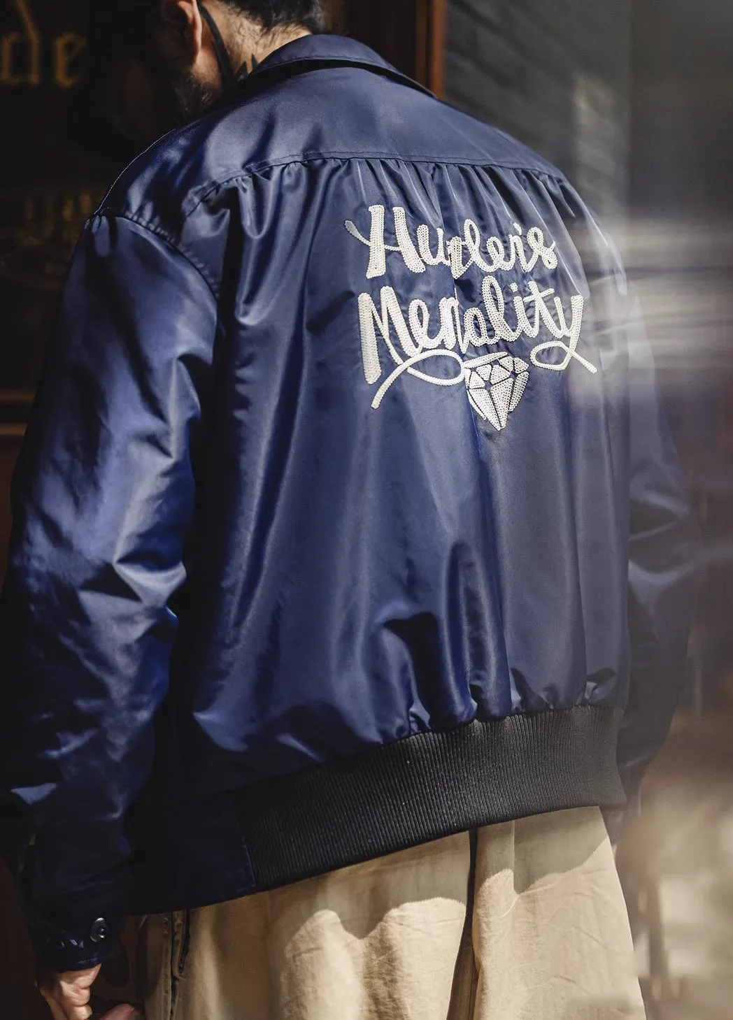 American Retro Navy Blue Embroidered Letter Wear Outside Men's Jacket