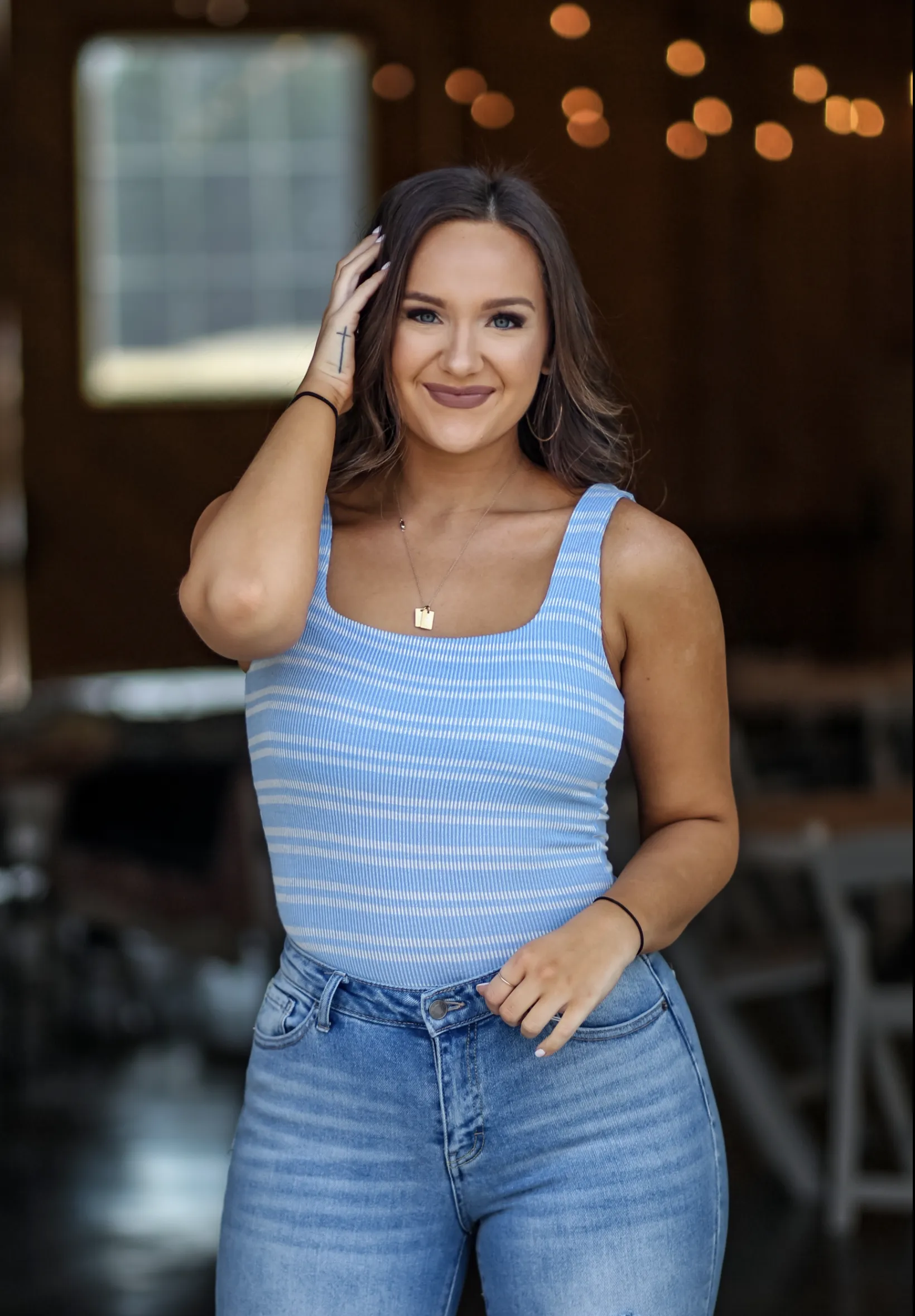 Blue & Ivory Striped Ribbed Bodysuit