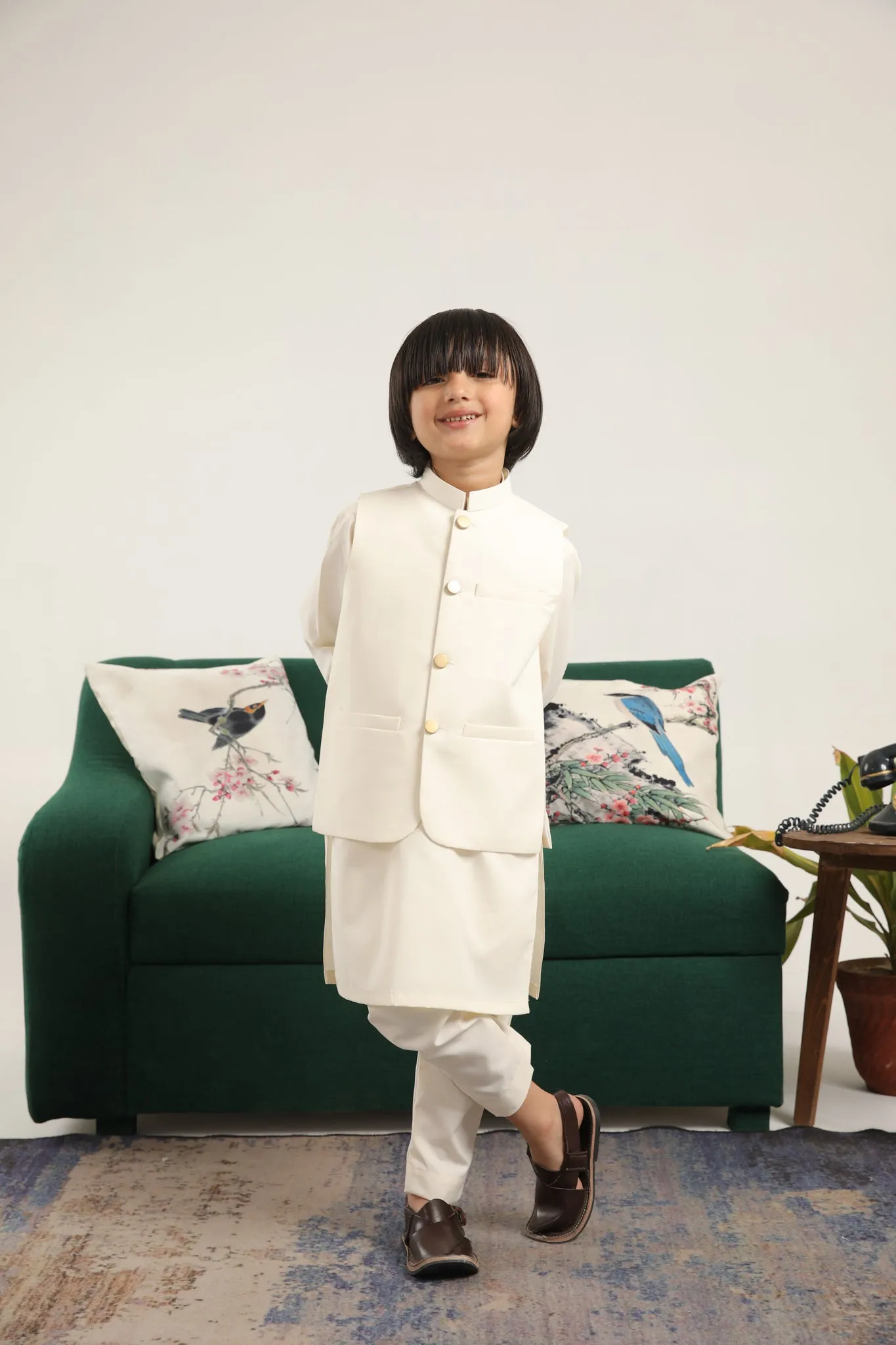 Bosky White Kurta Trouser with Blended Waistcoat - Kids