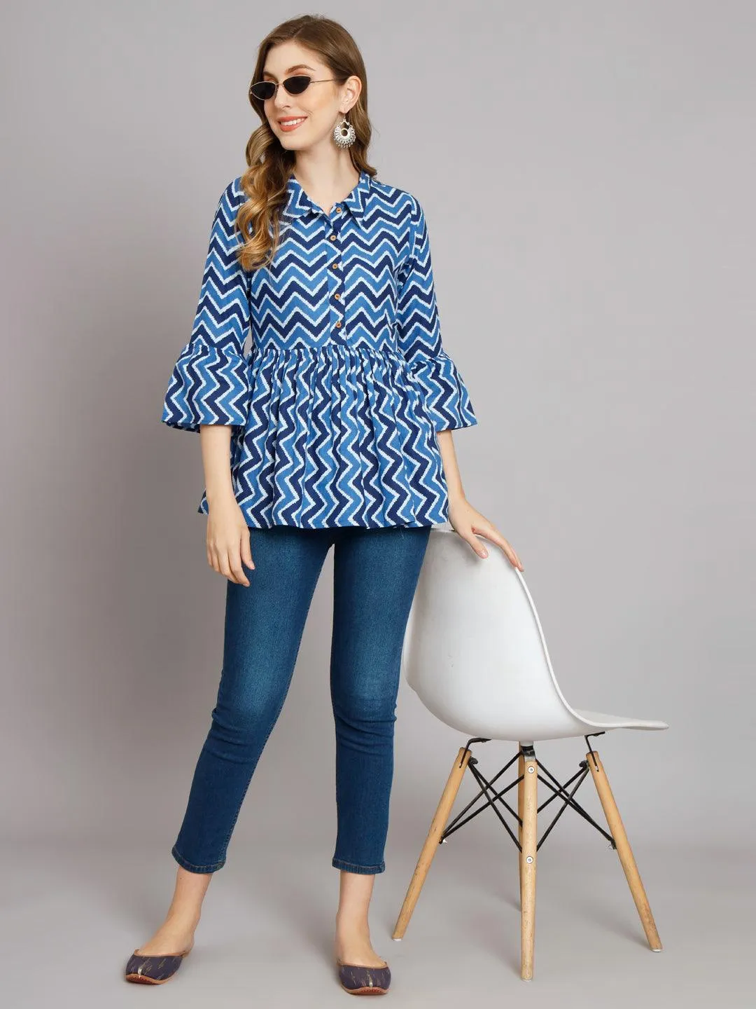 Breezy Chevron Indigo Gathered Kurta