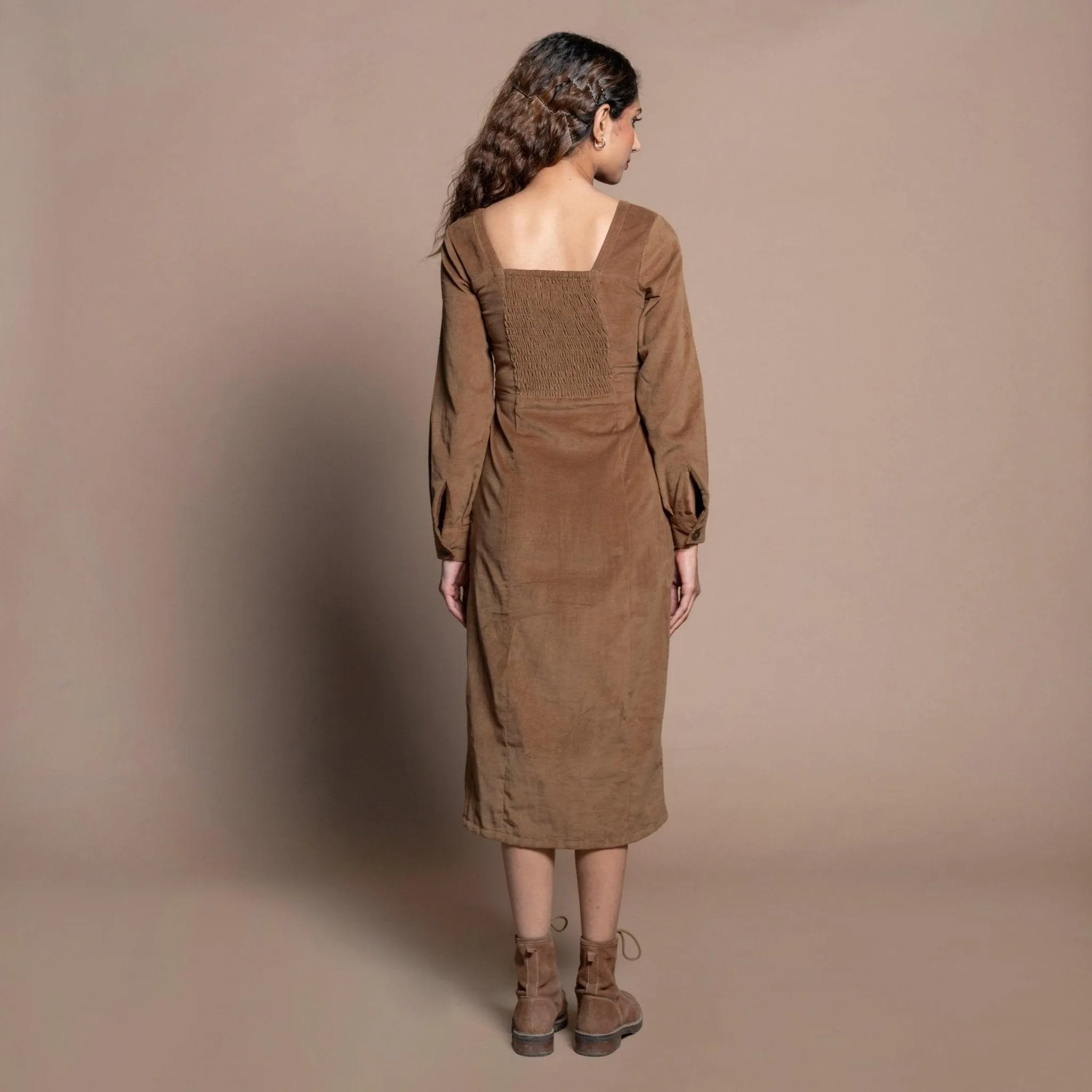 Camel Brown Cotton Velvet Square Neck Midi Slit Dress