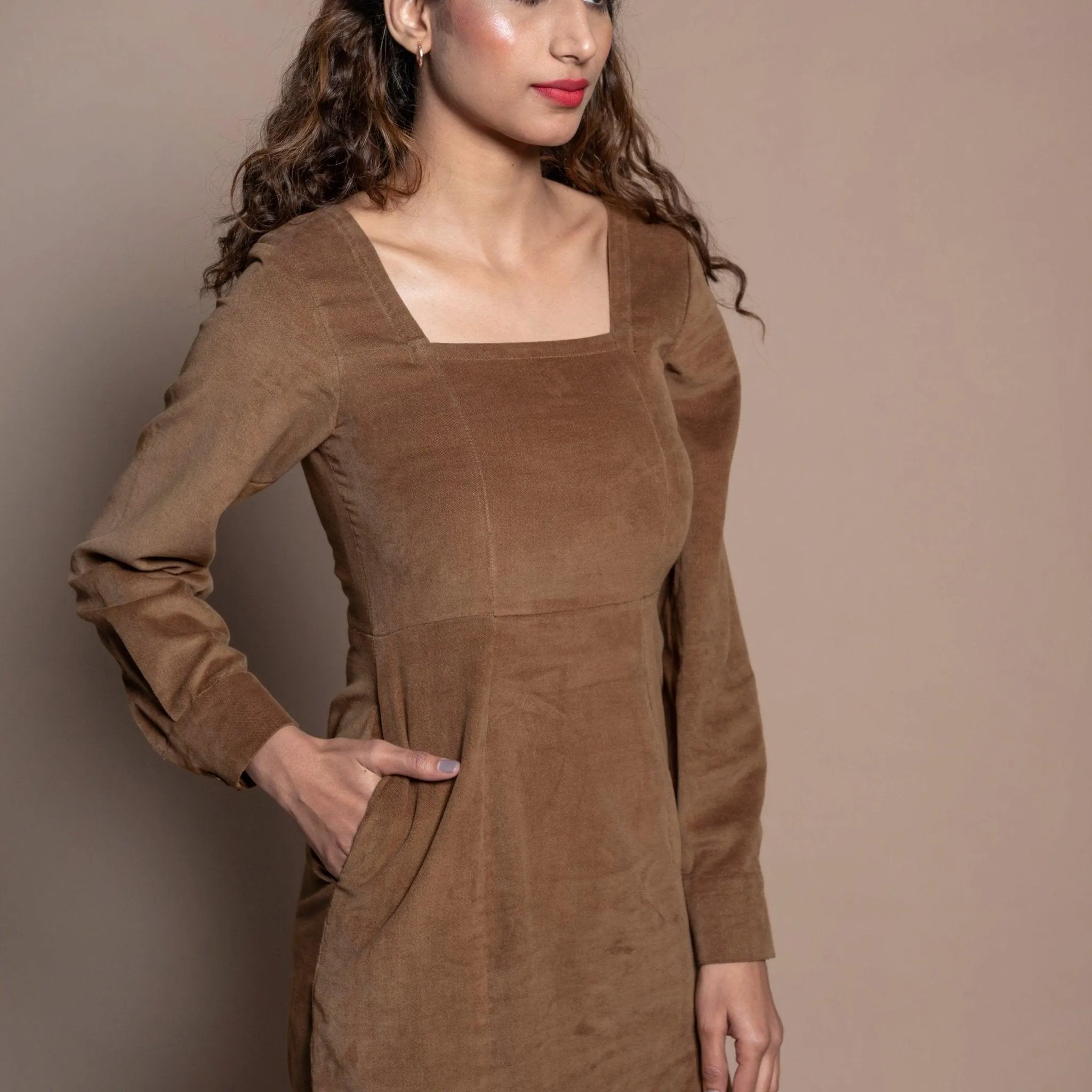 Camel Brown Cotton Velvet Square Neck Midi Slit Dress