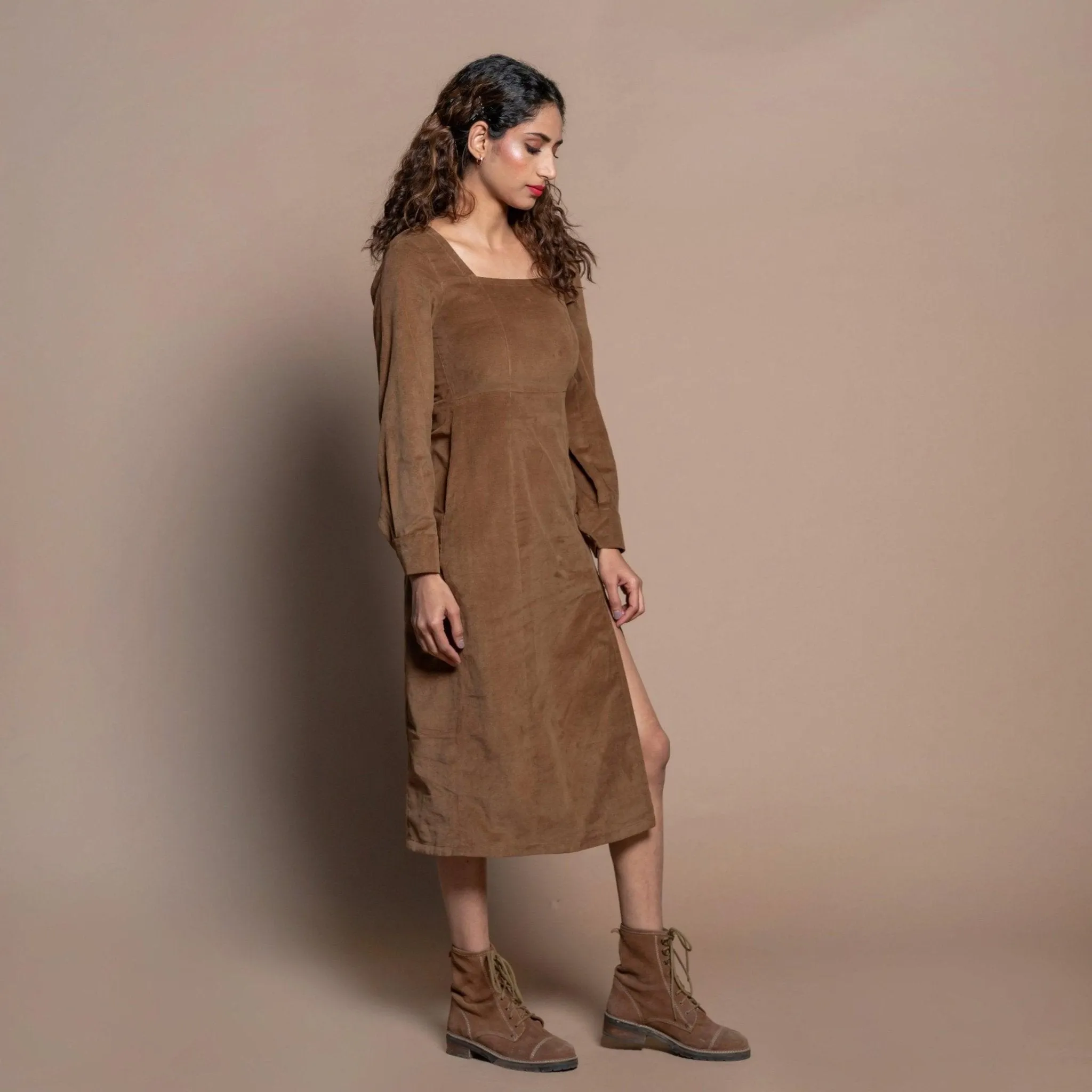 Camel Brown Cotton Velvet Square Neck Midi Slit Dress