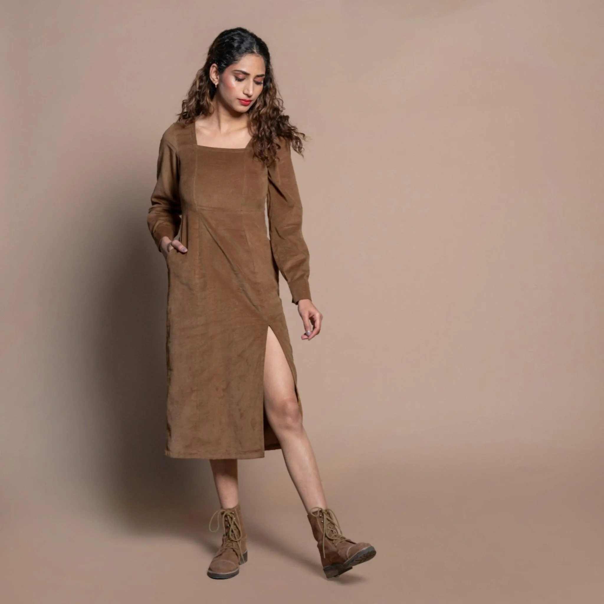 Camel Brown Cotton Velvet Square Neck Midi Slit Dress