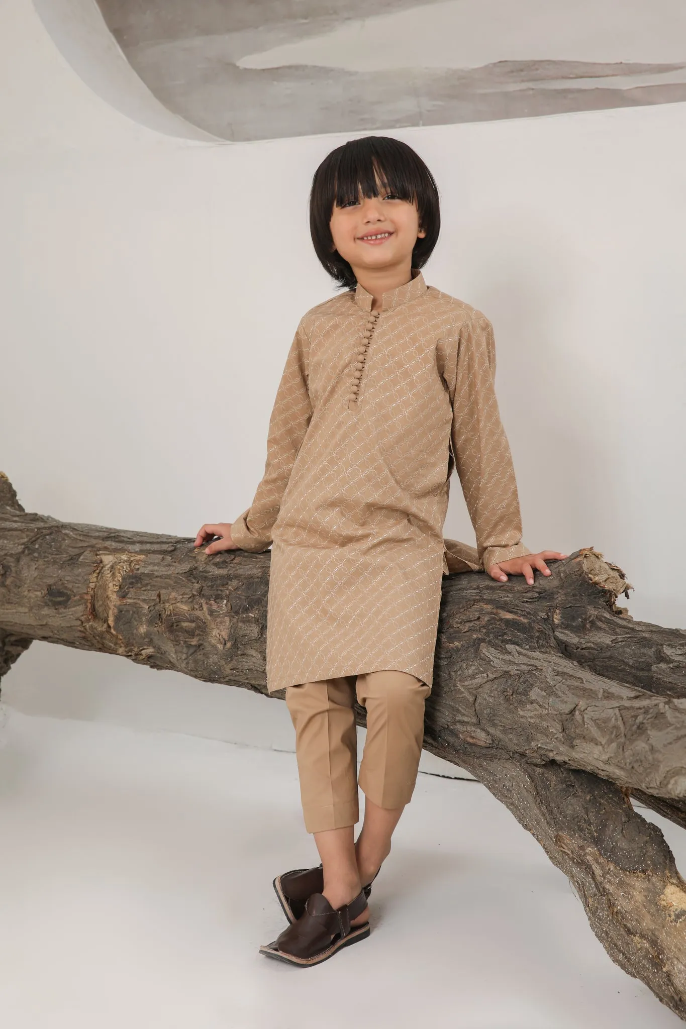 Camel Cotton Embroidered Kurta Trouser - Kids