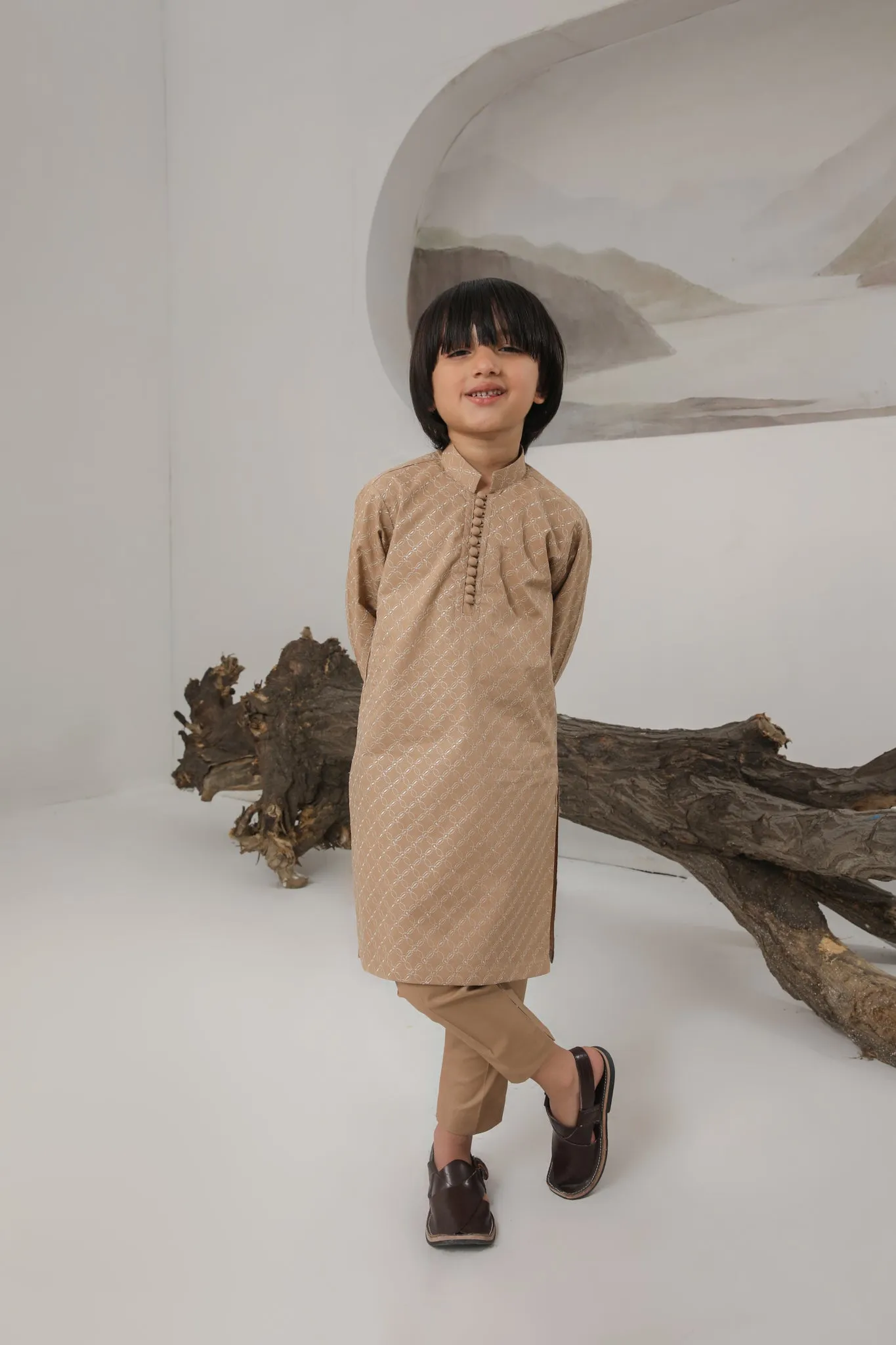 Camel Cotton Embroidered Kurta Trouser - Kids