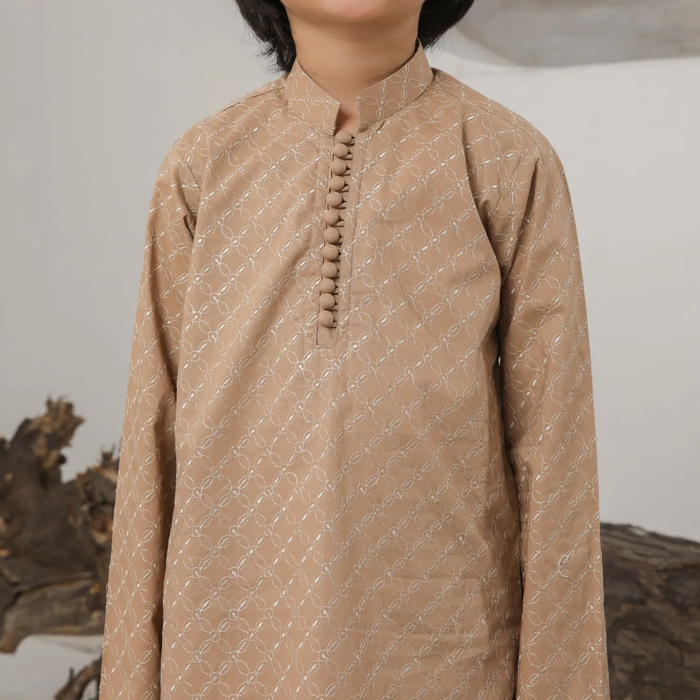 Camel Cotton Embroidered Kurta Trouser - Kids