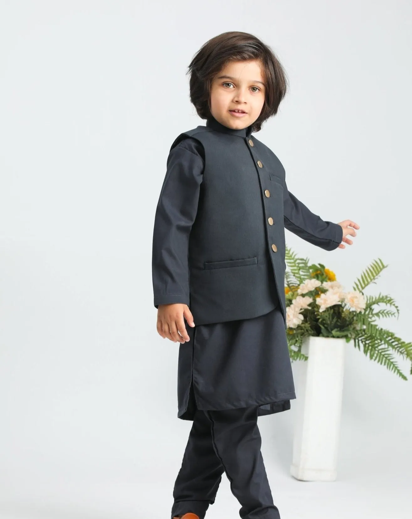 Charcoal Grey Kurta Trouser with Suiting Waistcoat - Kids