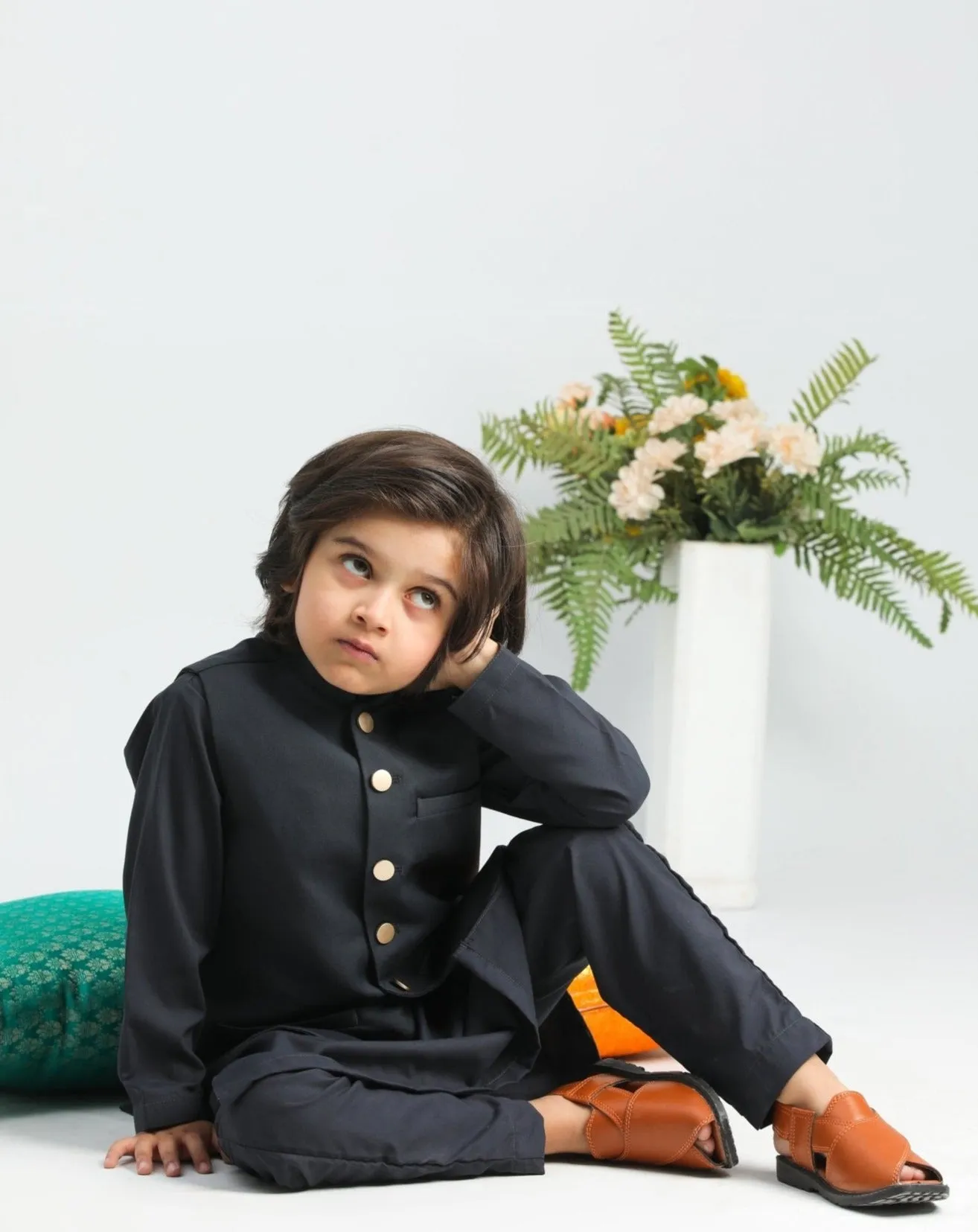 Charcoal Grey Kurta Trouser with Suiting Waistcoat - Kids