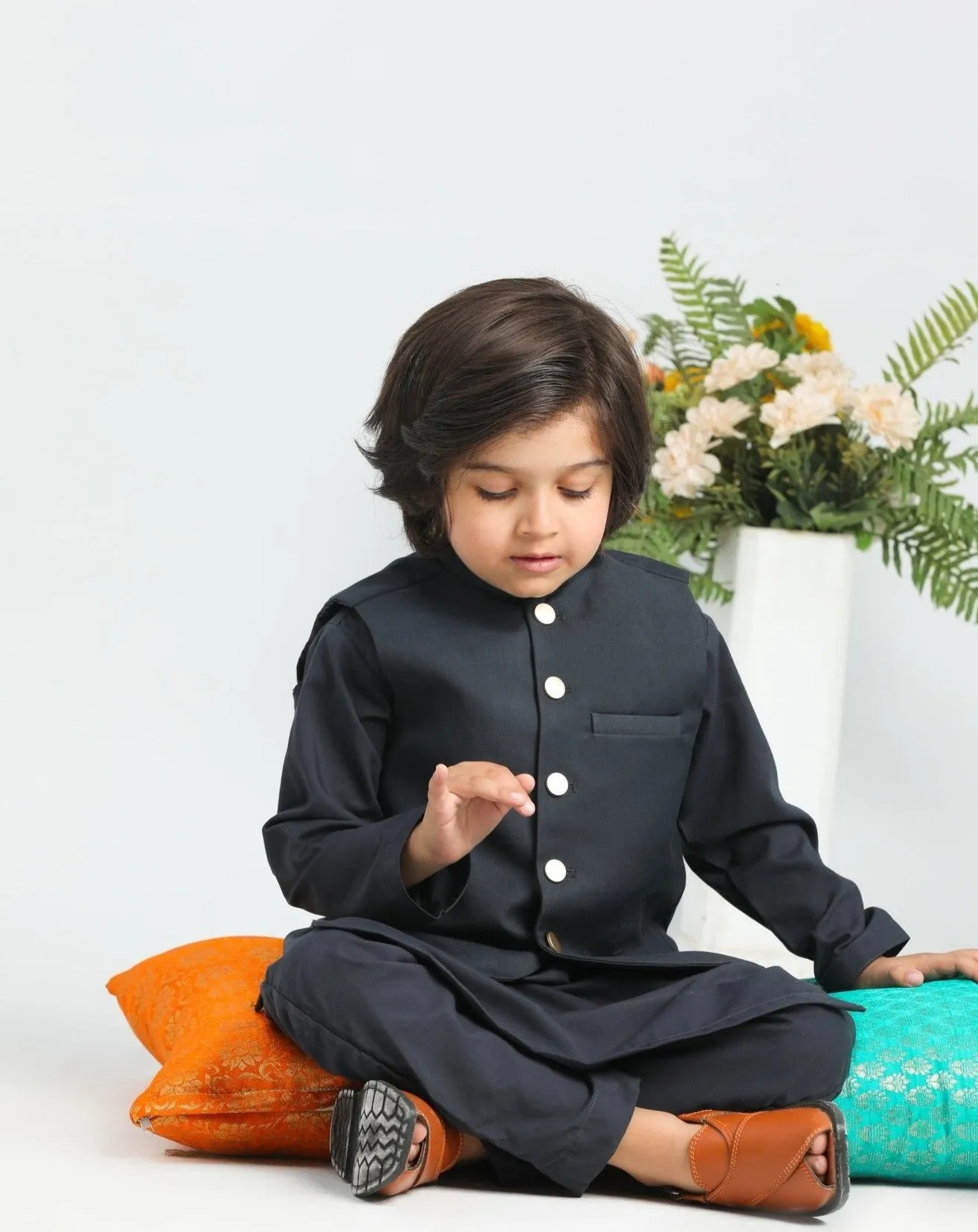 Charcoal Grey Kurta Trouser with Suiting Waistcoat - Kids