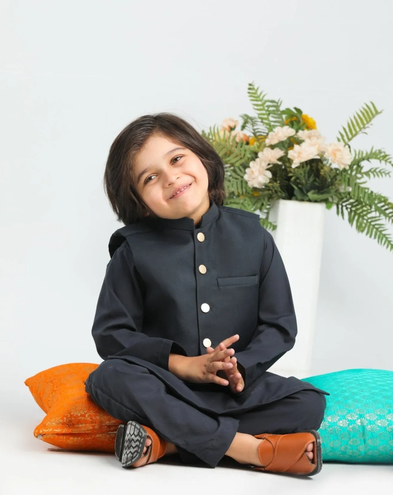 Charcoal Grey Kurta Trouser with Suiting Waistcoat - Kids