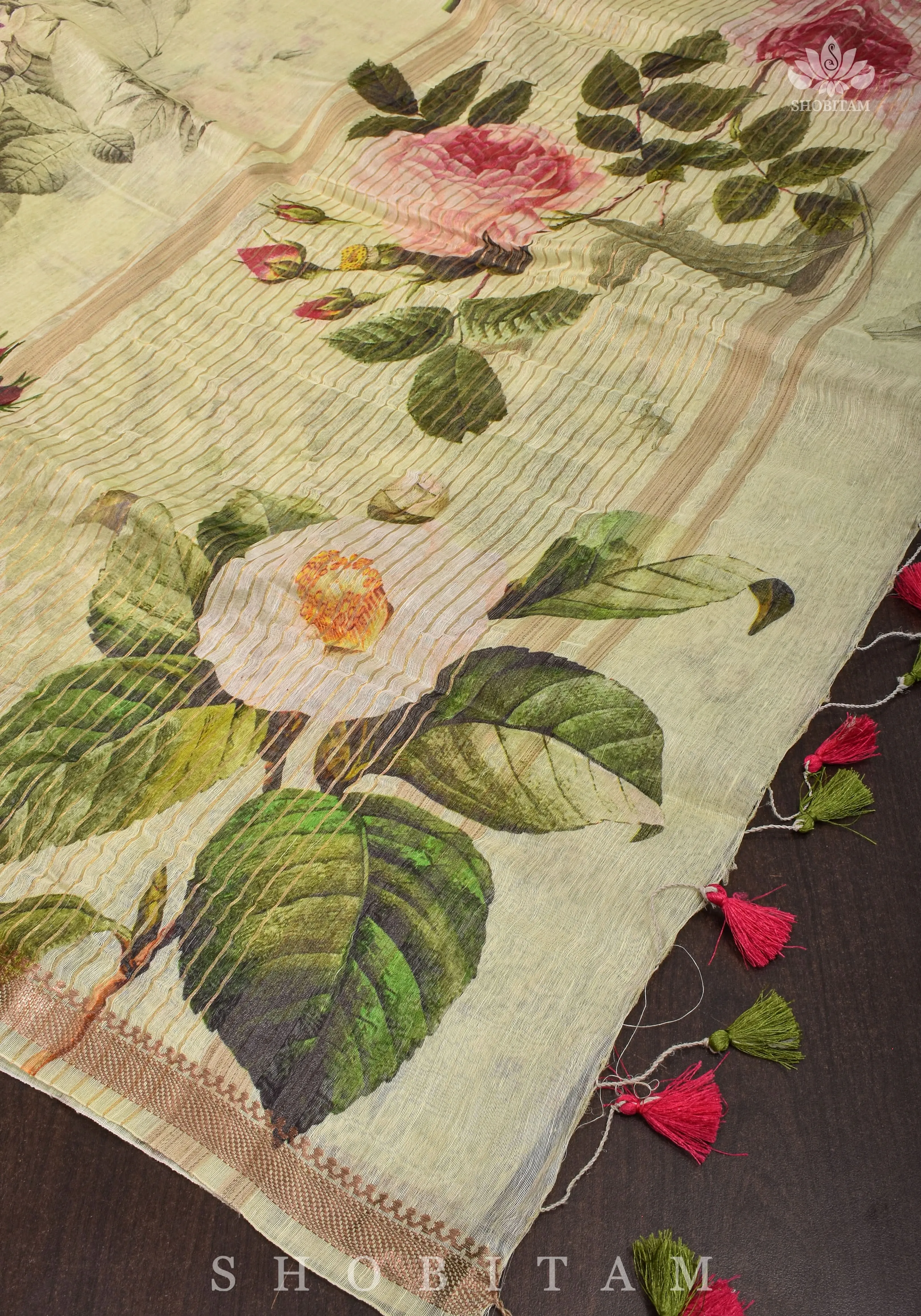 Charming Cream Floral Print Silk Linen Saree with long tassels