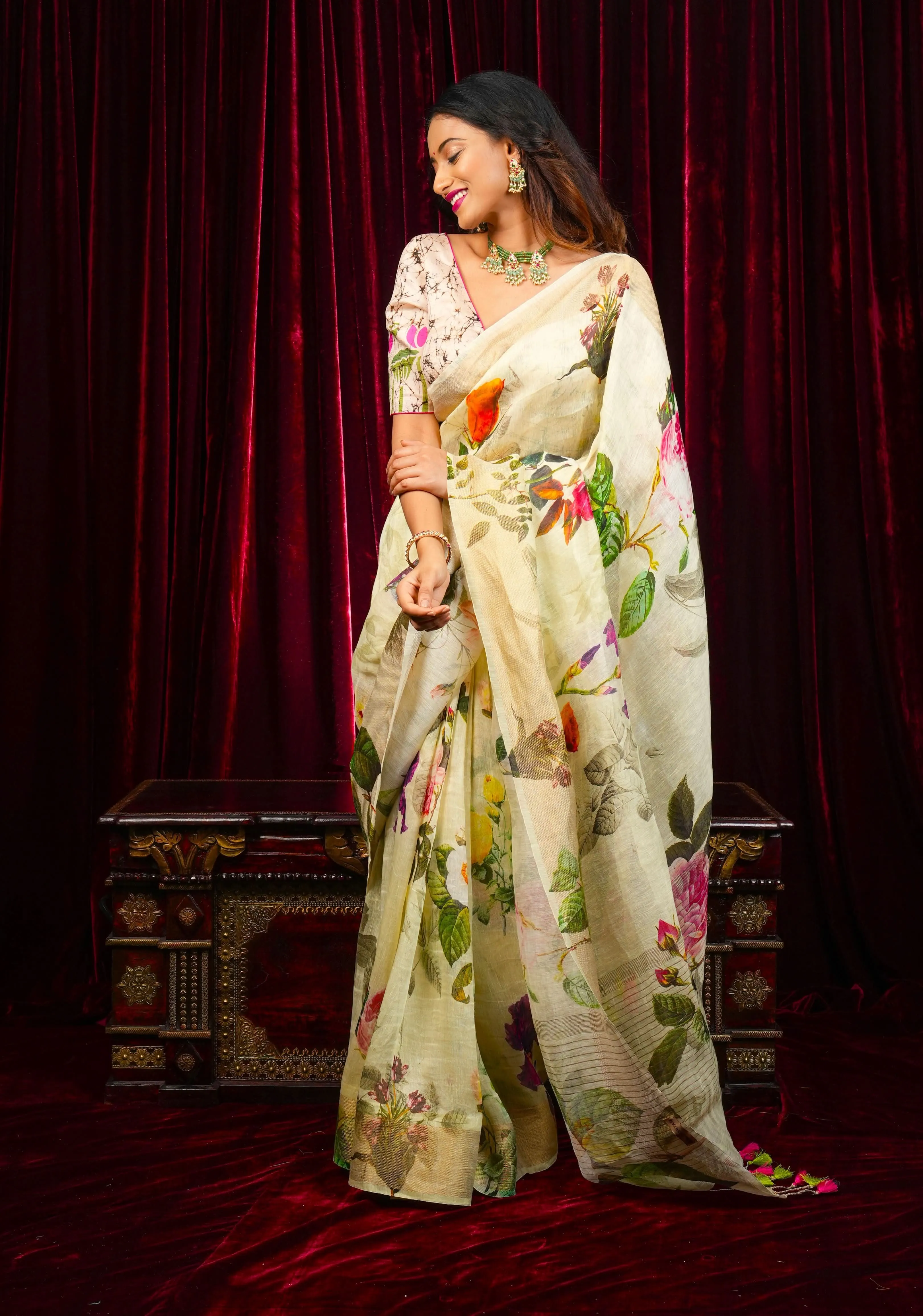 Charming Cream Floral Print Silk Linen Saree with long tassels