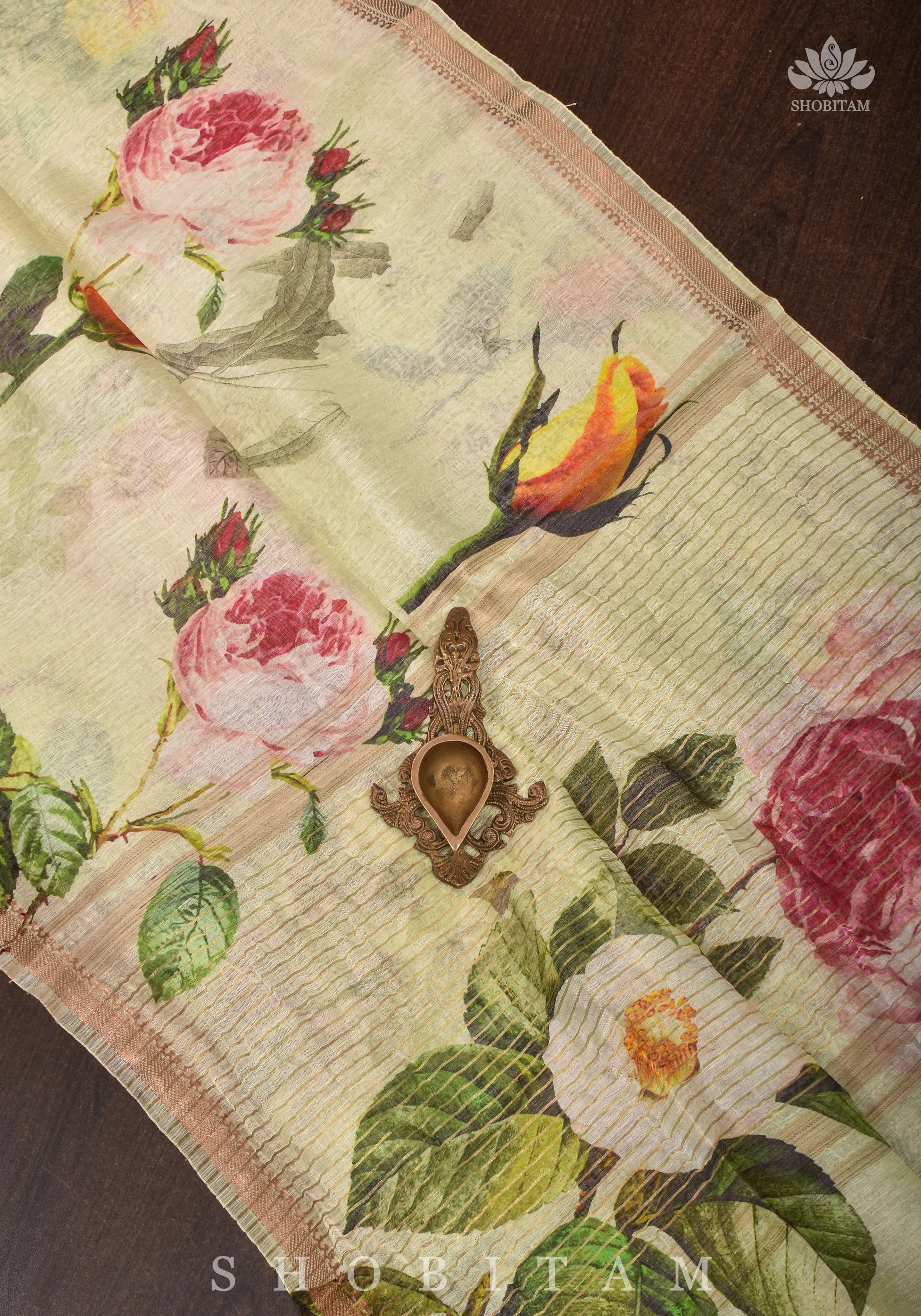 Charming Cream Floral Print Silk Linen Saree with long tassels