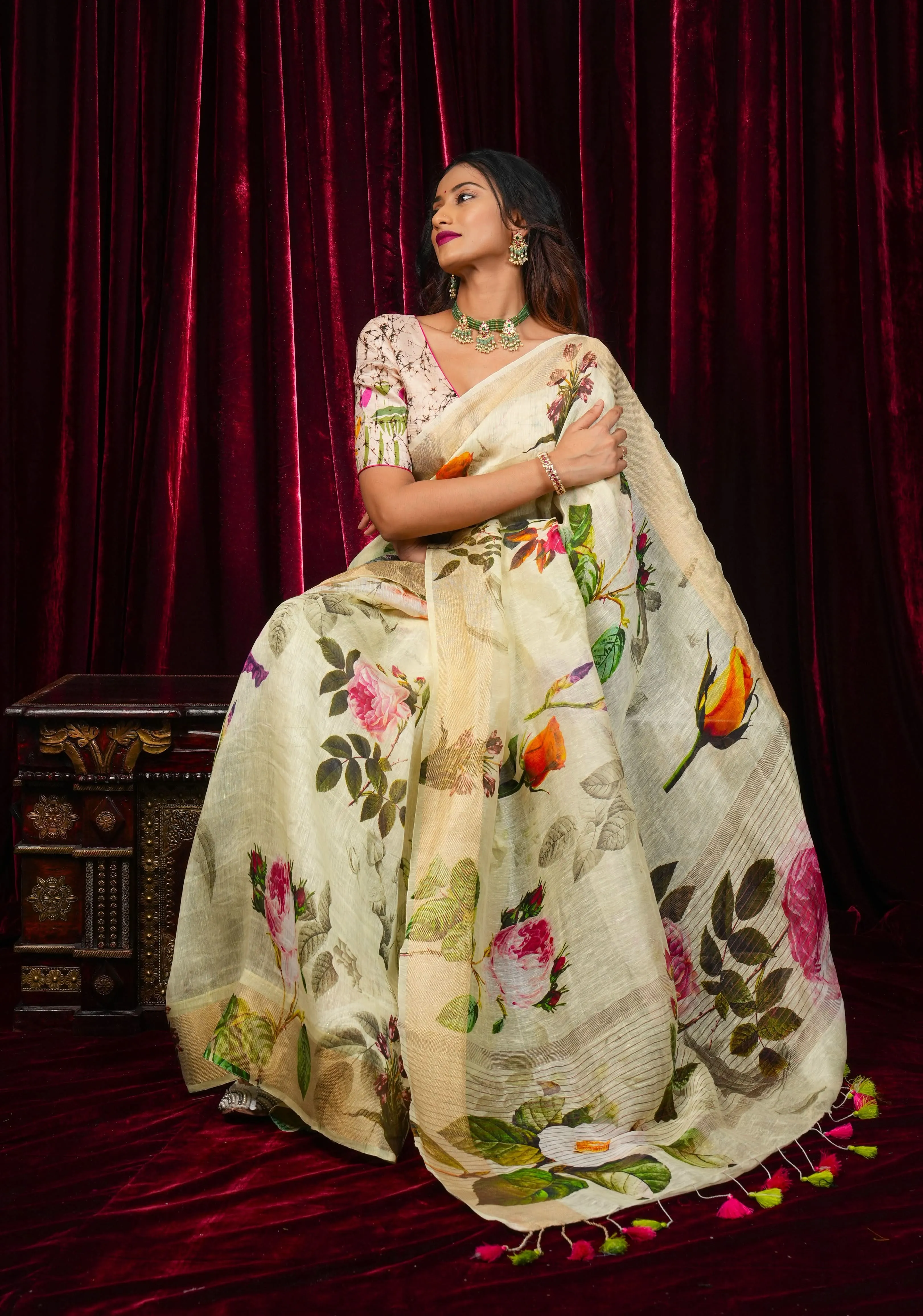 Charming Cream Floral Print Silk Linen Saree with long tassels