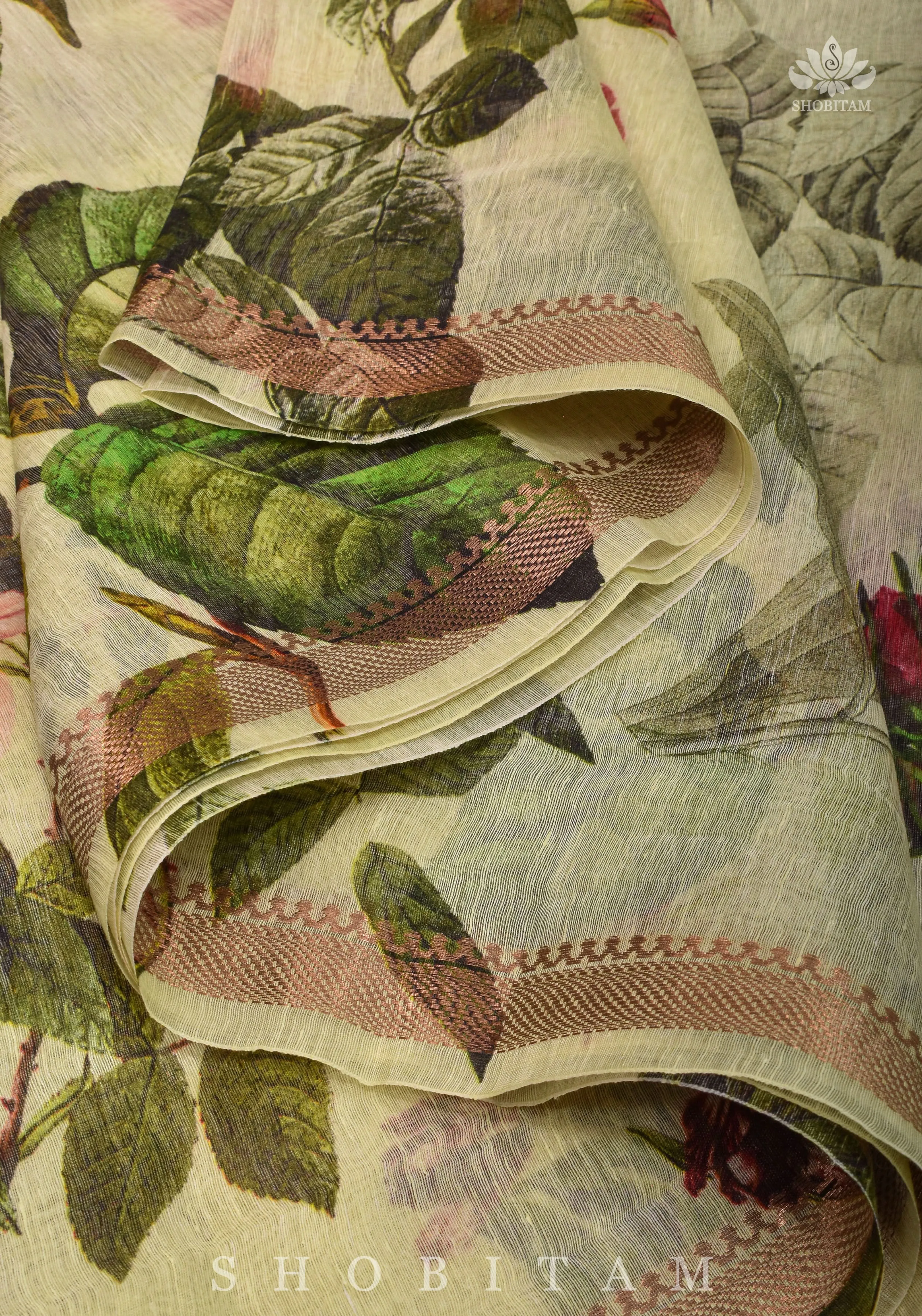 Charming Cream Floral Print Silk Linen Saree with long tassels
