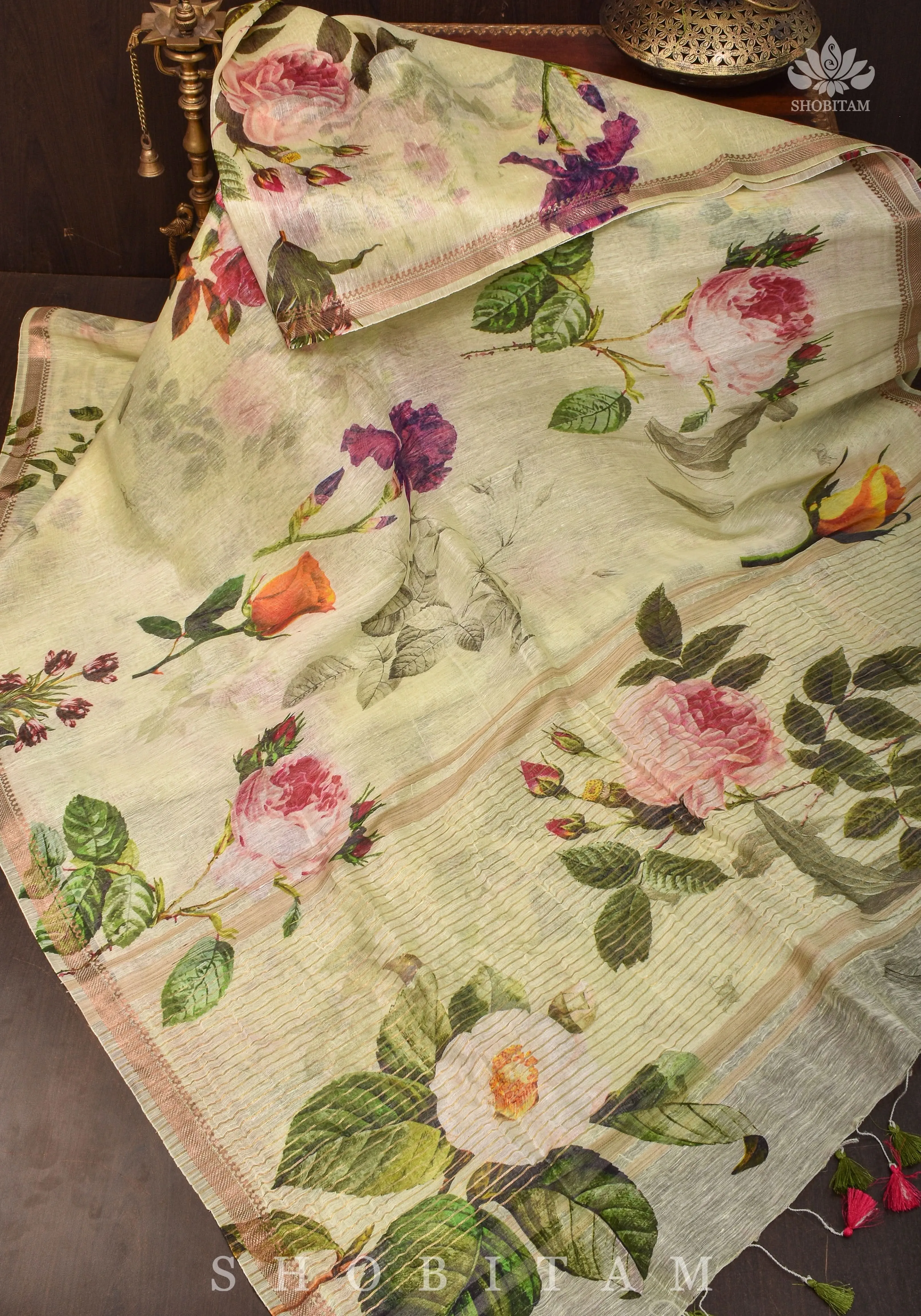 Charming Cream Floral Print Silk Linen Saree with long tassels