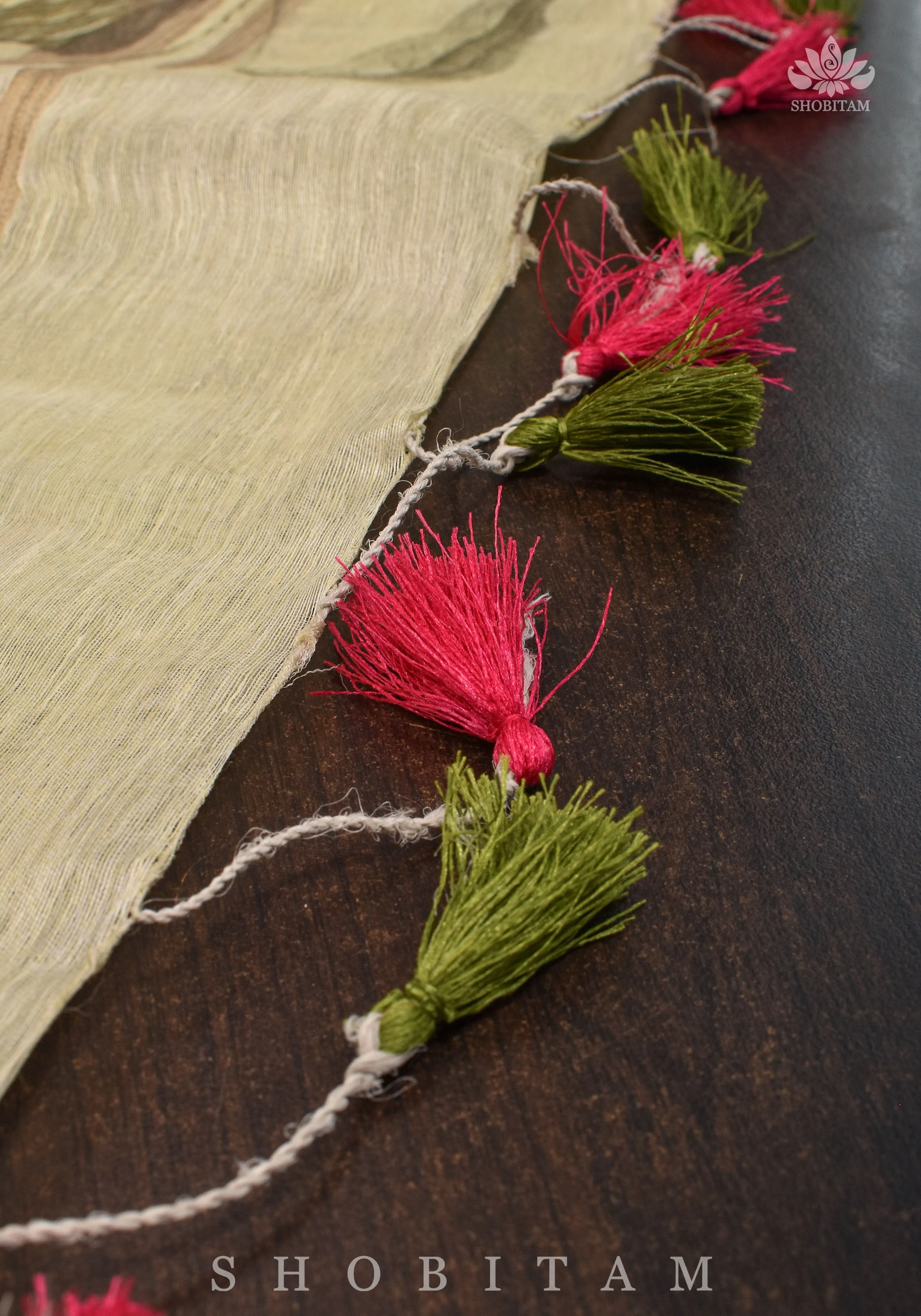 Charming Cream Floral Print Silk Linen Saree with long tassels