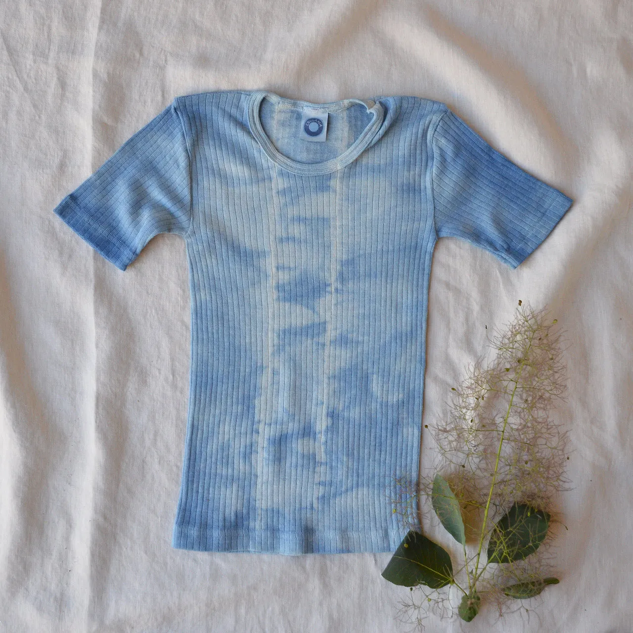 Child's Plant Dyed T-Shirt in Organic Cotton/Merino/Silk - Indigo Lines (2-12y)