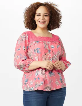 Crochet Trim Square Neck Floral Top