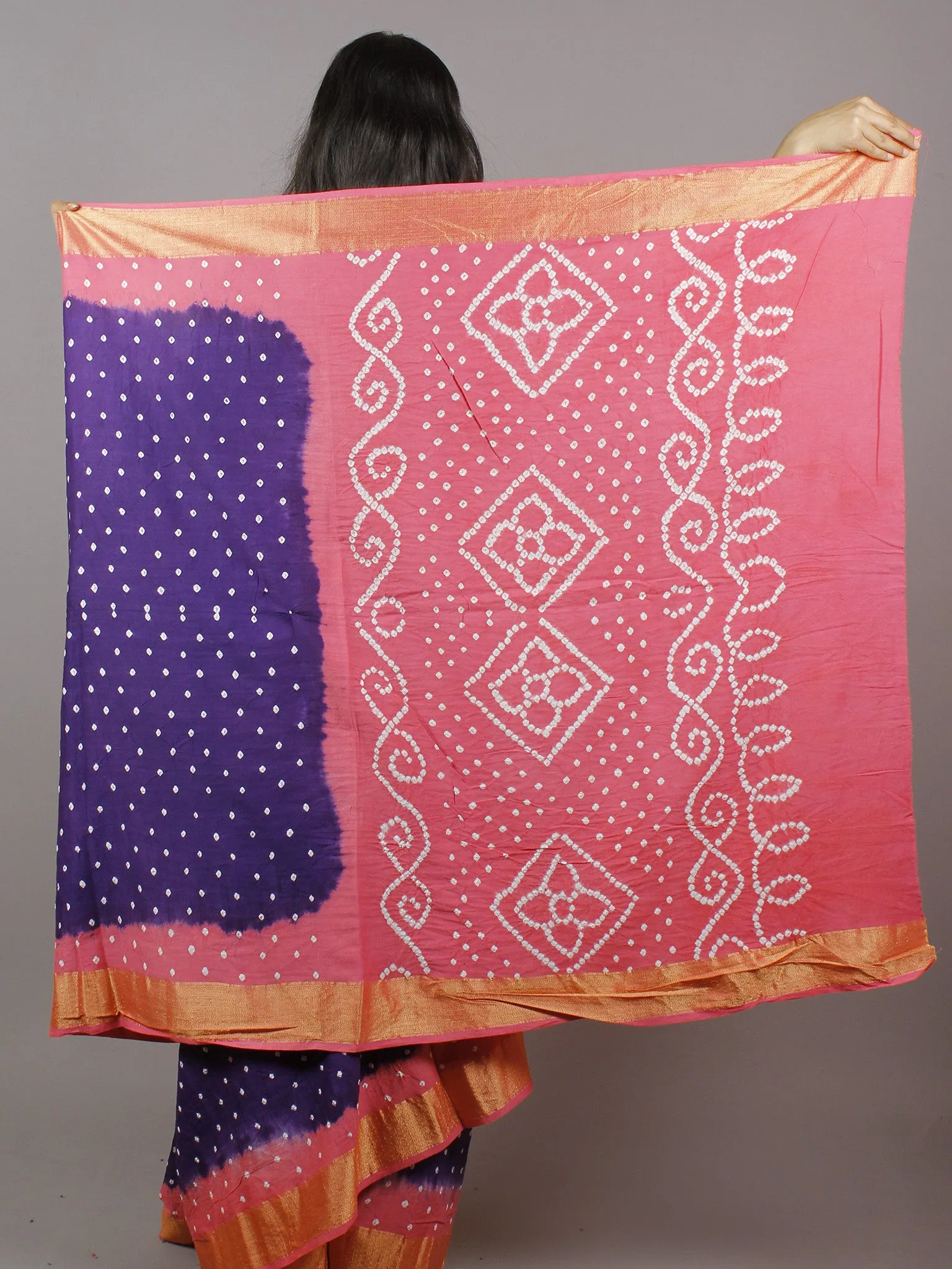 Dark Purple Pastel Pink Ivory Hand Tie & Dye Bandhej Glace Cotton Saree With Resham Border - S031701310