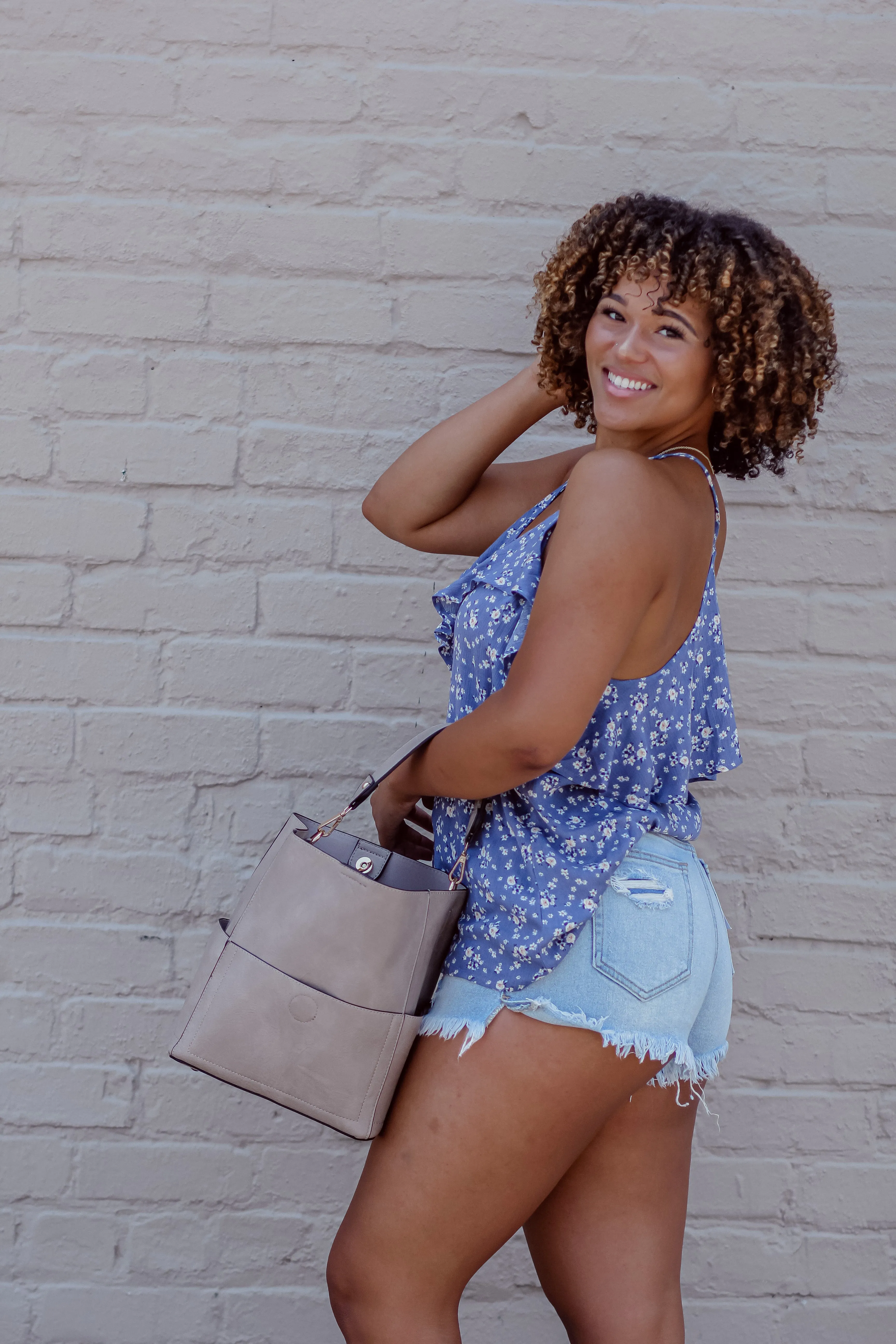 Denim Blue Floral Print Front Tie Tank