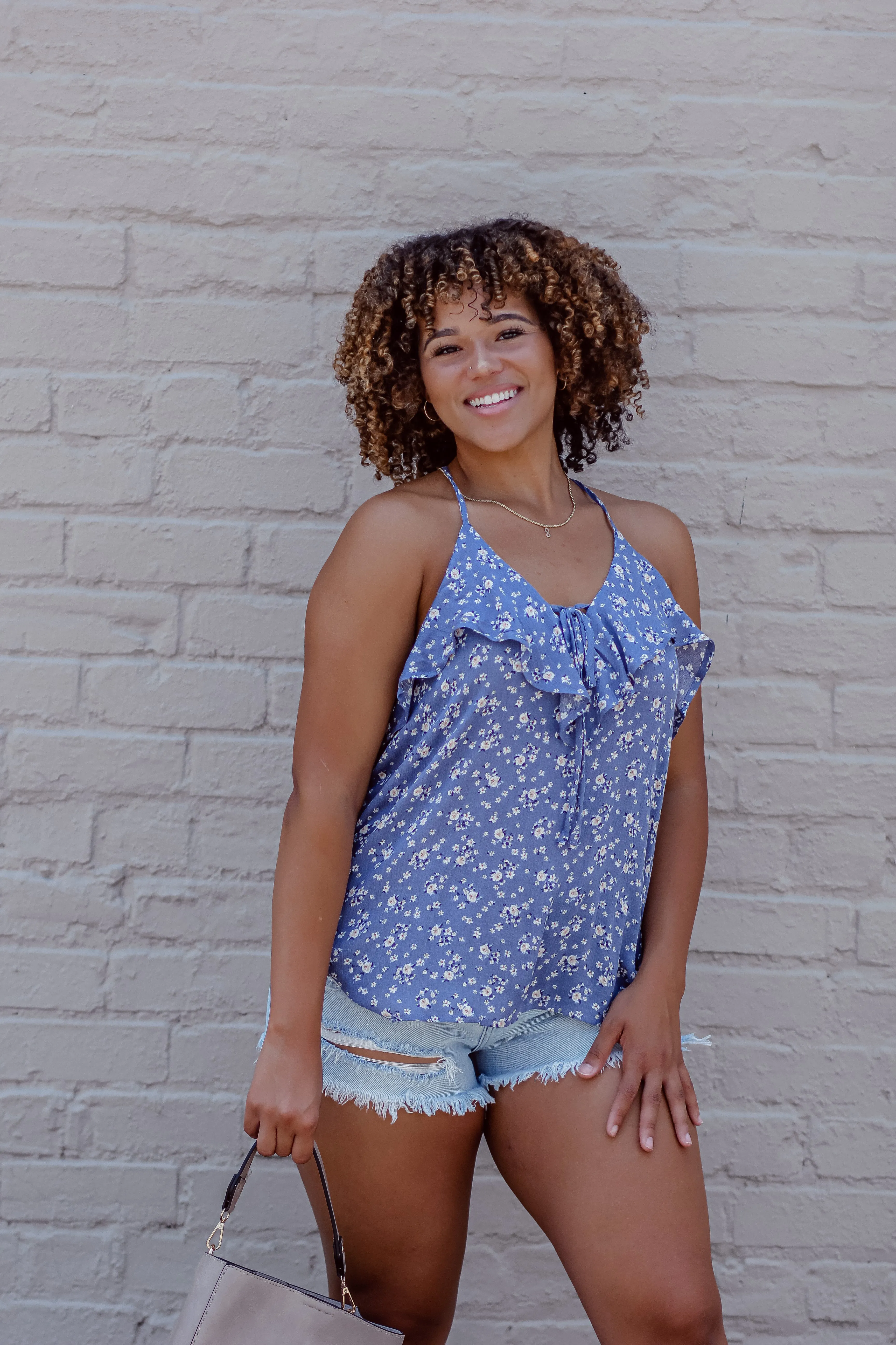 Denim Blue Floral Print Front Tie Tank