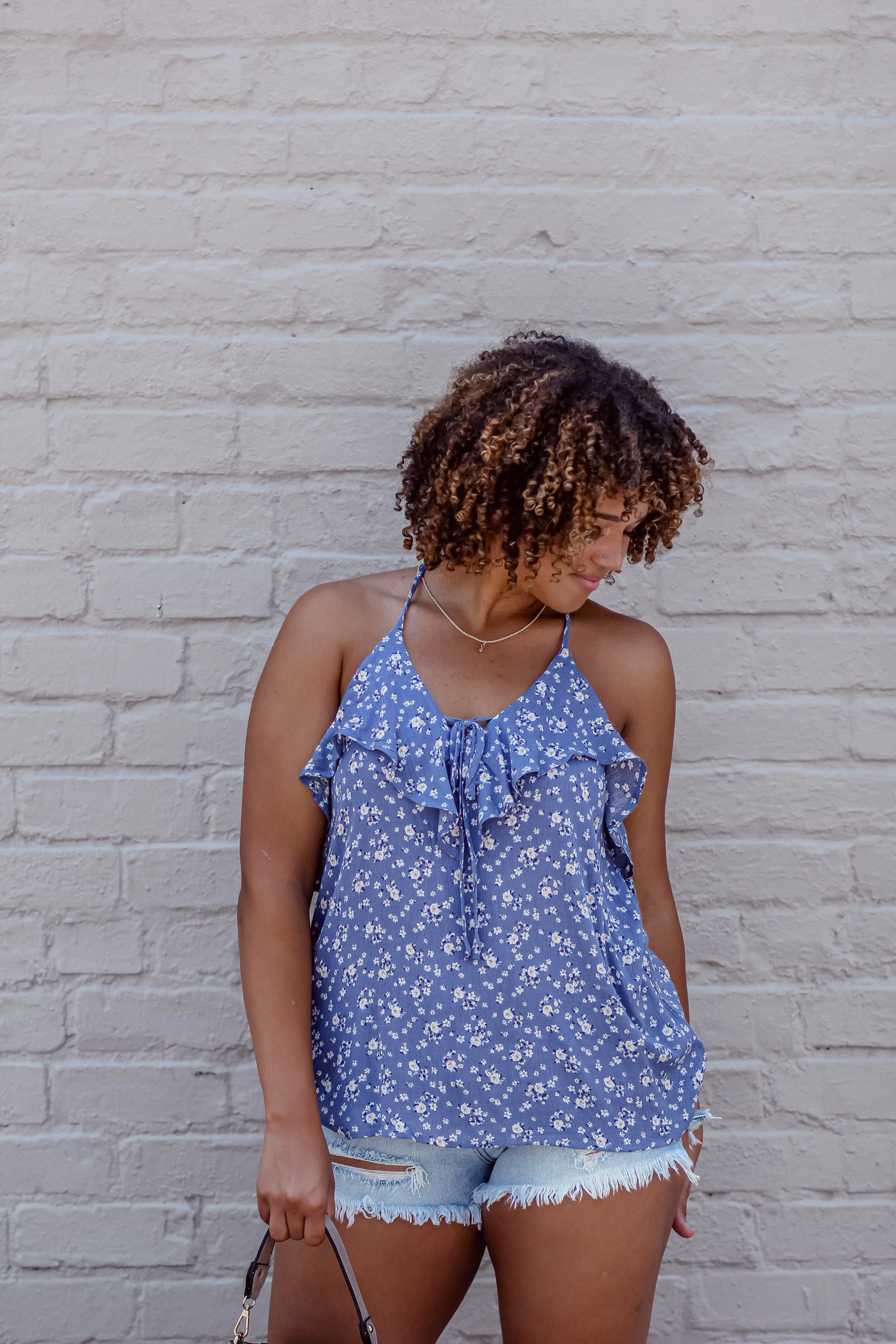 Denim Blue Floral Print Front Tie Tank