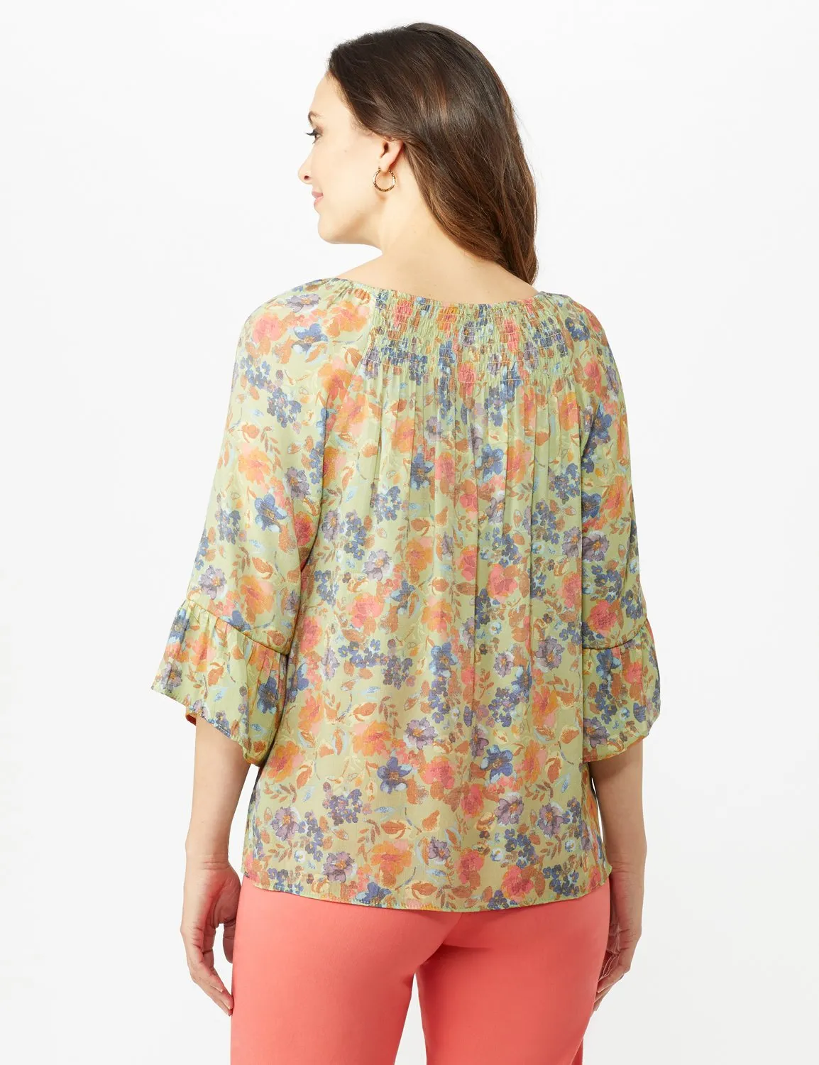 Flare Sleeve Floral Smocked Texture Top