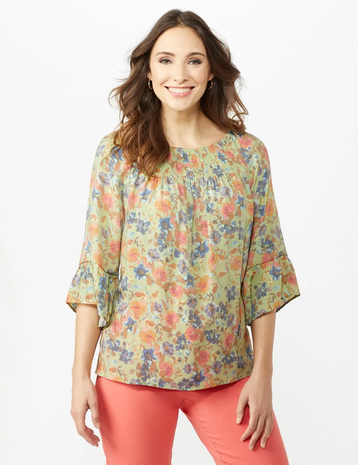 Flare Sleeve Floral Smocked Texture Top