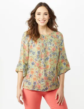 Flare Sleeve Floral Smocked Texture Top