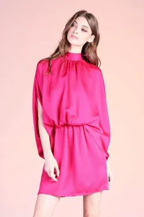 Fuchsia Hammered Satin Mock Neck Caftan Mini Dress