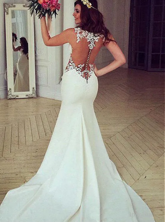 Ivory Mermaid Wedding Dresses,Illusion Wedding Dress,WD00368