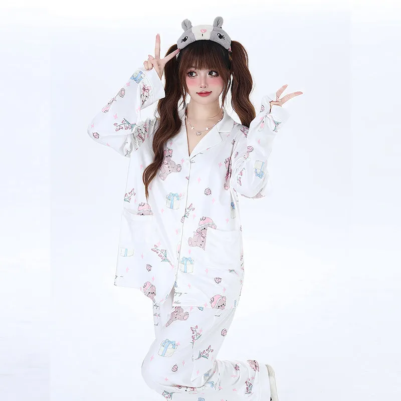 Kawaii Soft Girl Style Bear Print Pajama Set