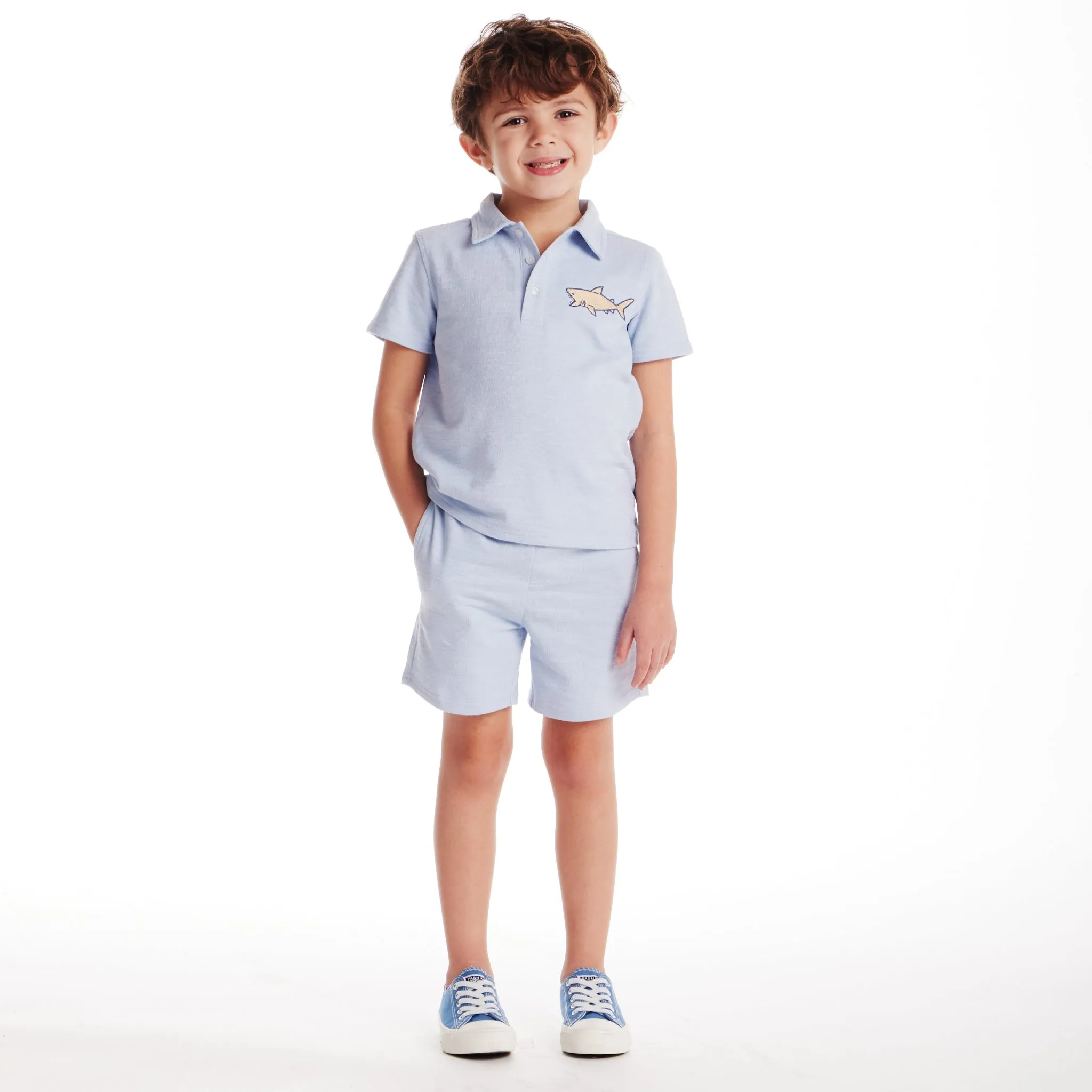 Kids (2-7) Textured Polo and Shorts Set | Light Blue Shark