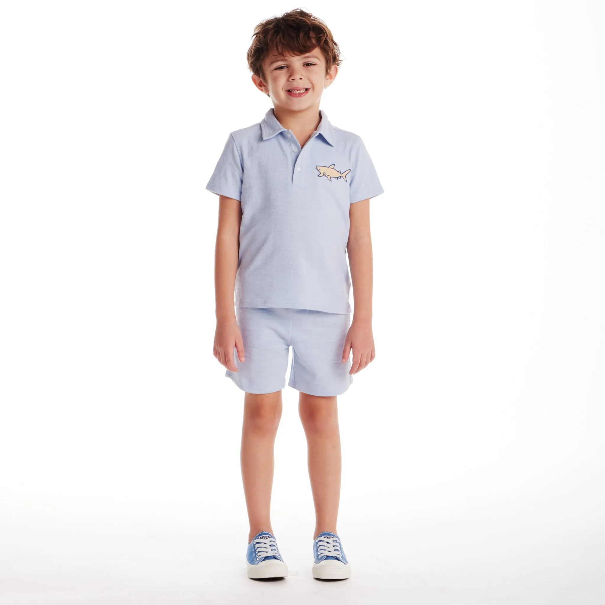 Kids (2-7) Textured Polo and Shorts Set | Light Blue Shark