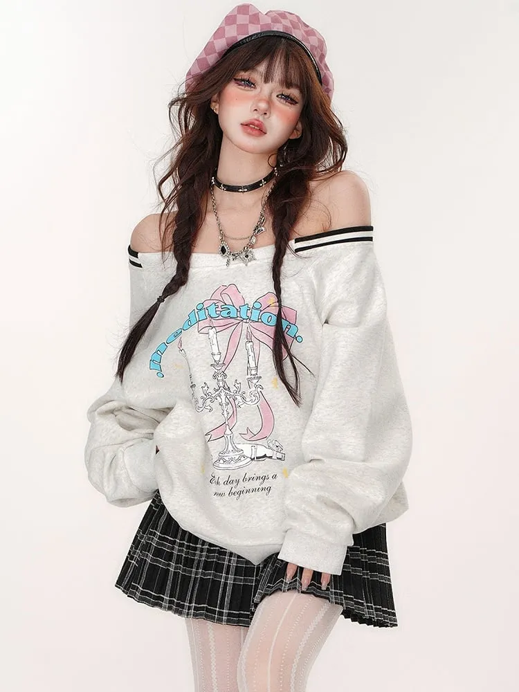 Letters and Bow Print Light Grey Cozy Sweatshirt