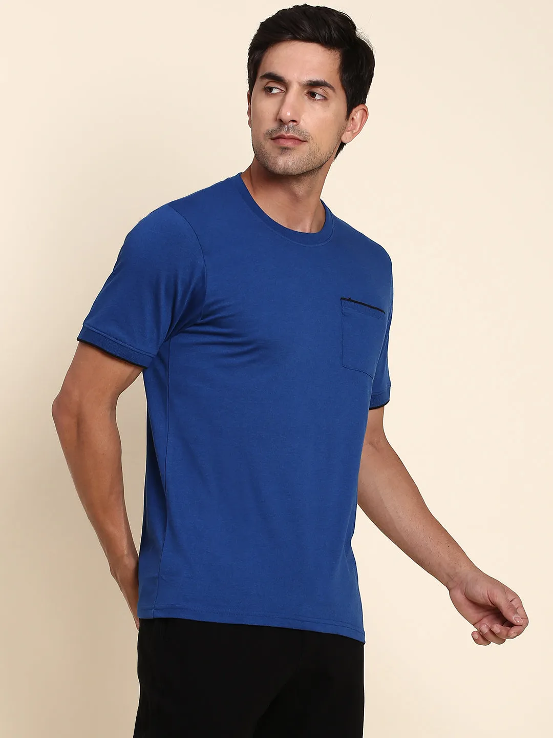 Men's Soft And Stretchy Fabric Blue Casual Crew Neck Tshirt