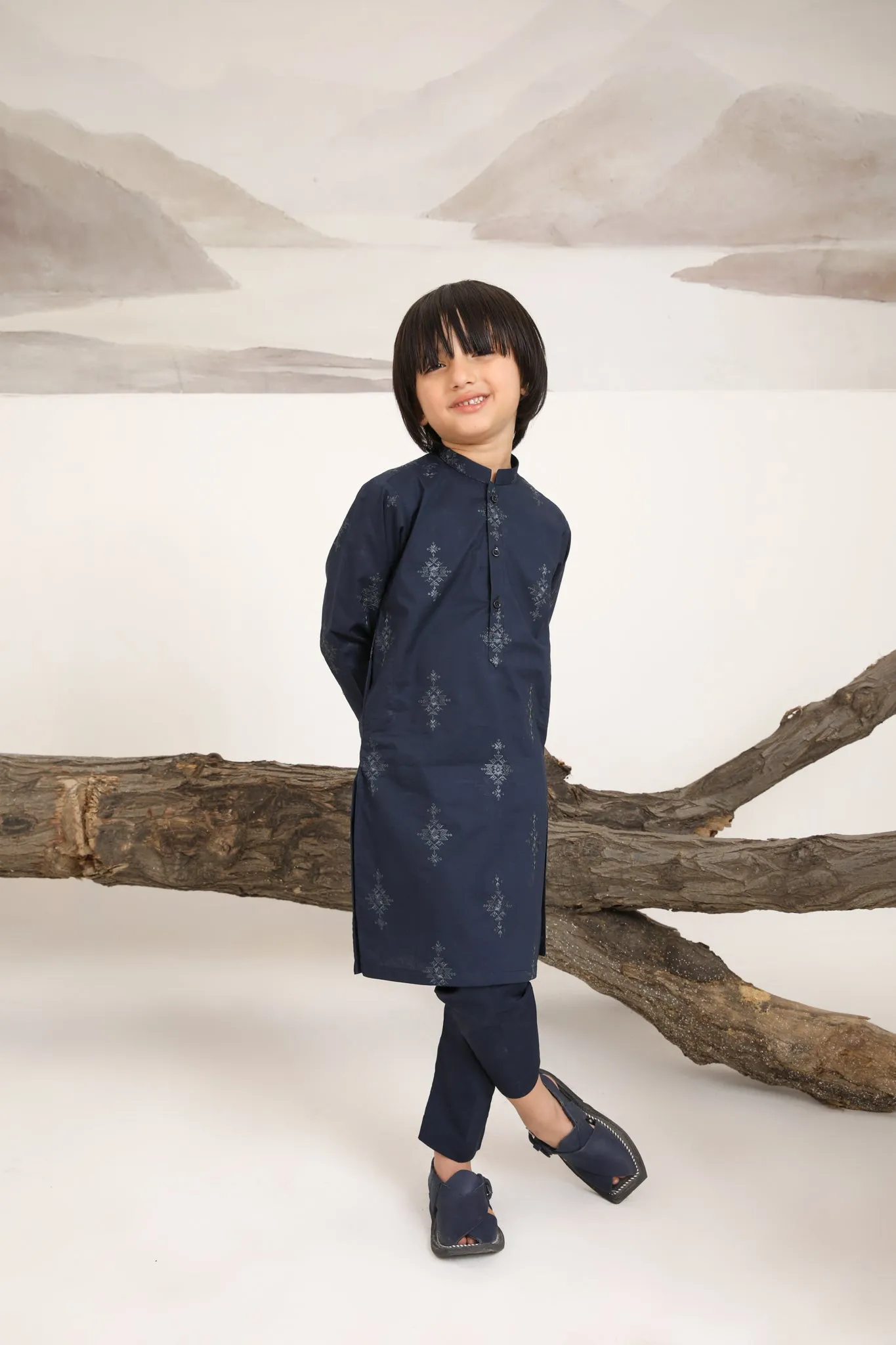 Navy Blue Cotton Embroidered Kurta Trouser - Kids