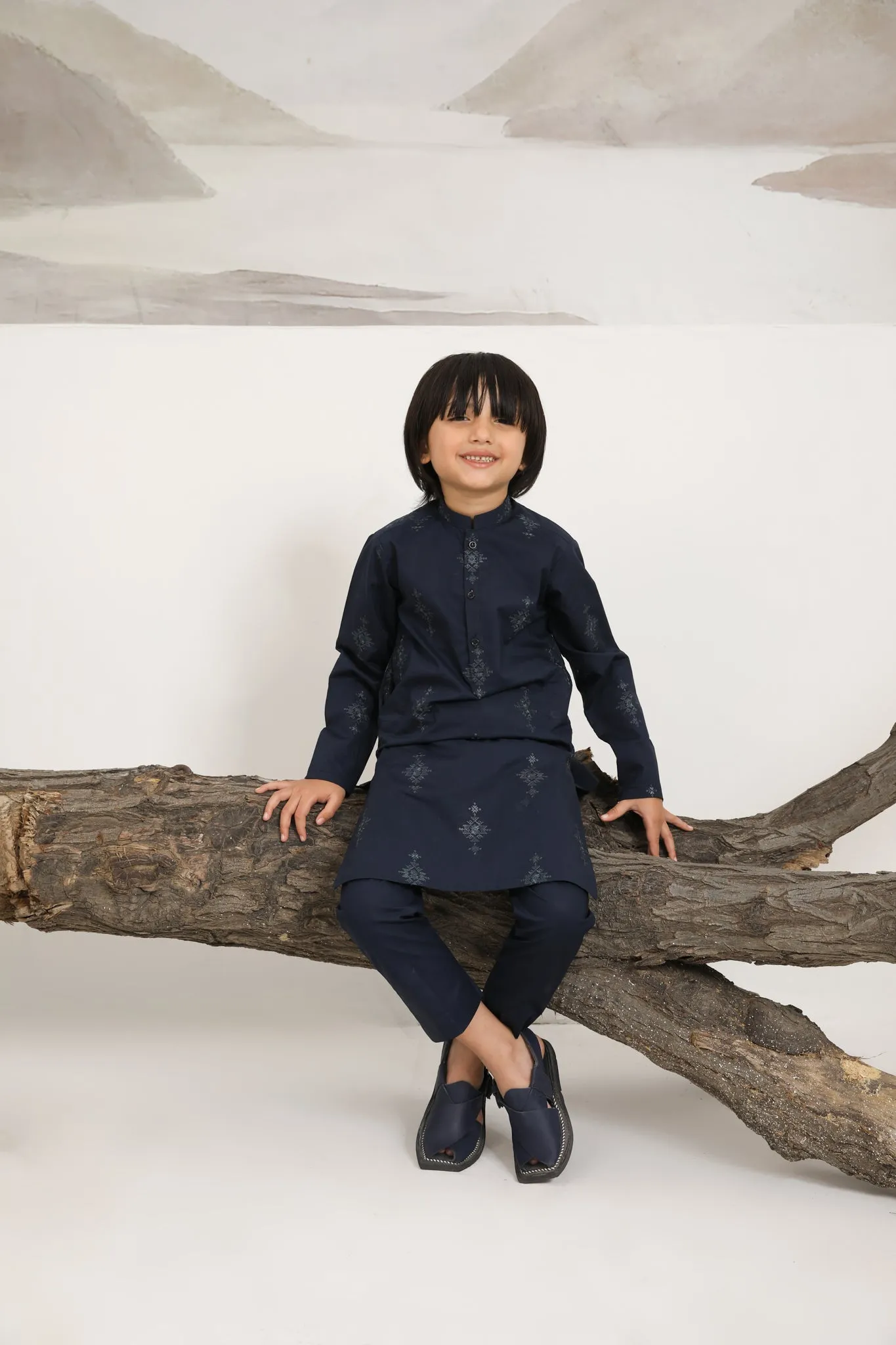 Navy Blue Cotton Embroidered Kurta Trouser - Kids