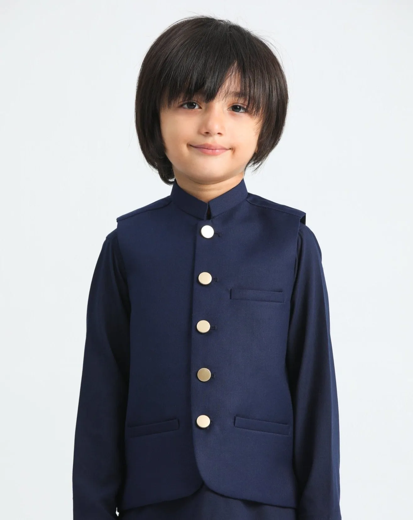 Navy Blue Kurta Trouser with Suiting Waistcoat - Kids