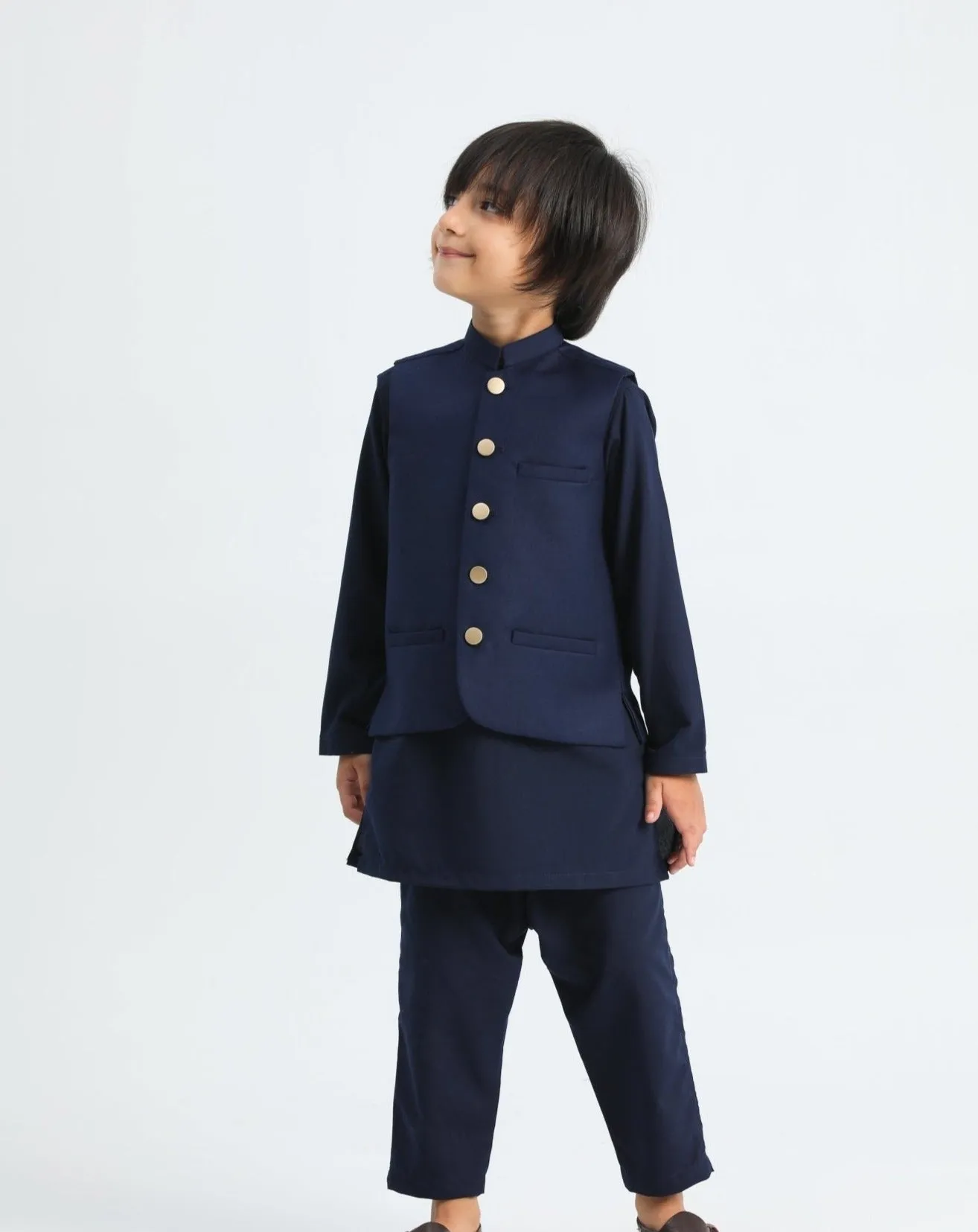 Navy Blue Kurta Trouser with Suiting Waistcoat - Kids