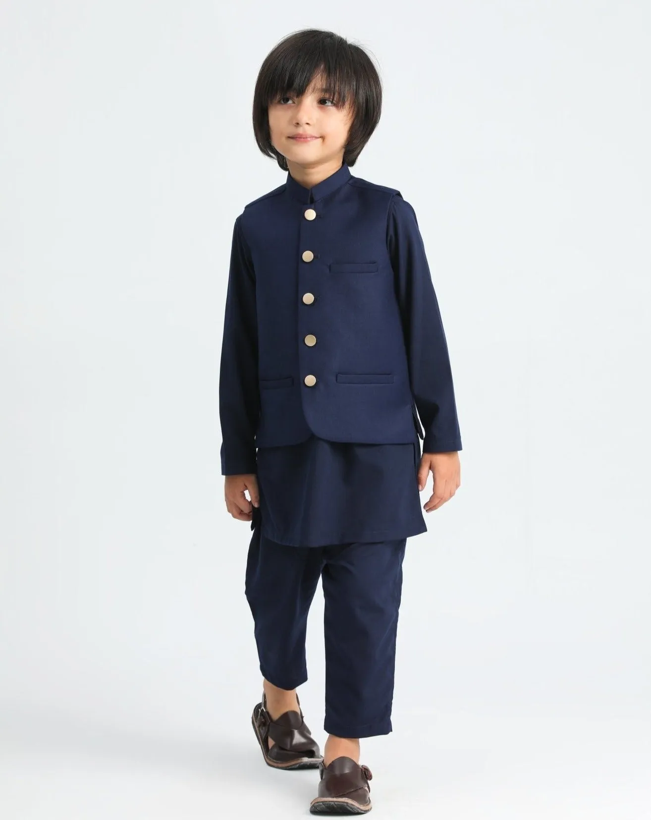 Navy Blue Kurta Trouser with Suiting Waistcoat - Kids