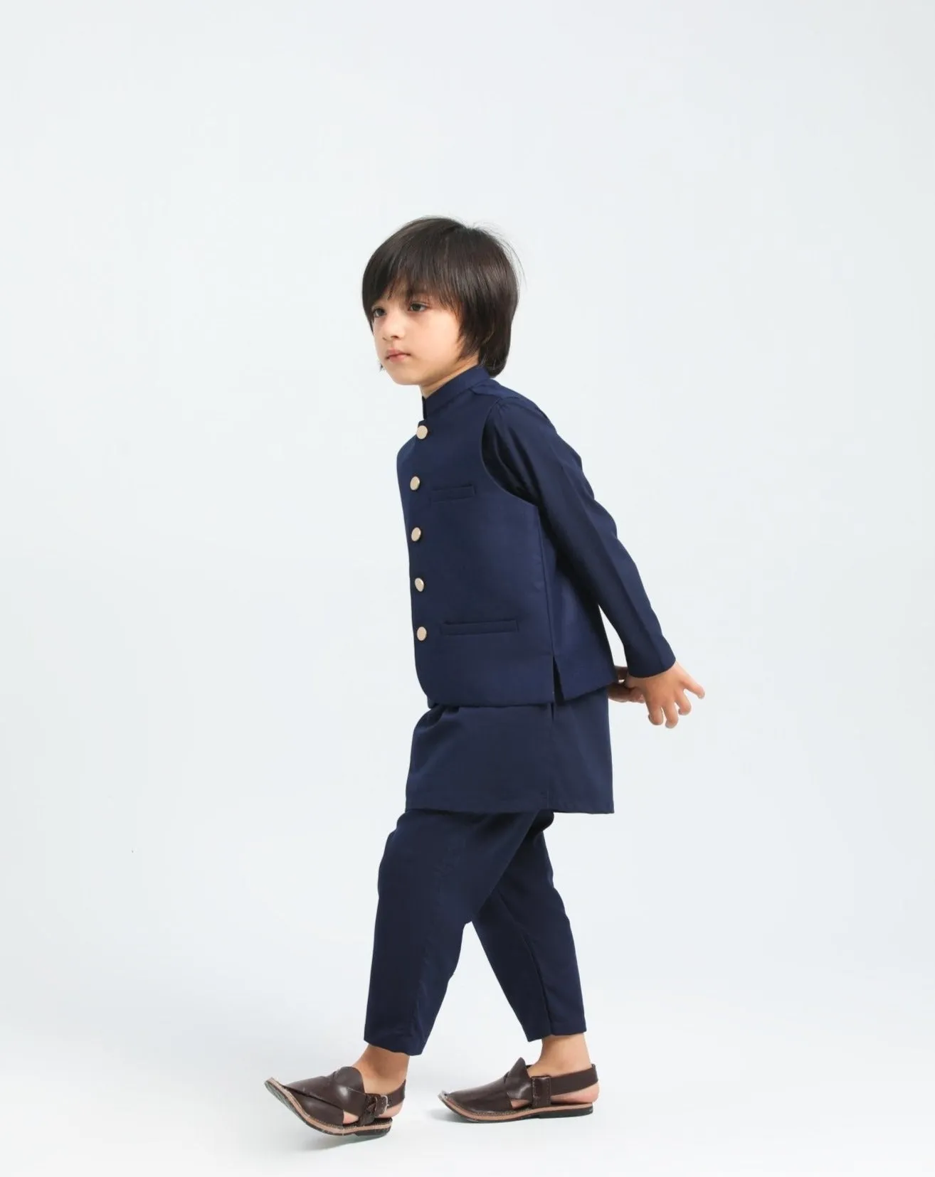 Navy Blue Kurta Trouser with Suiting Waistcoat - Kids