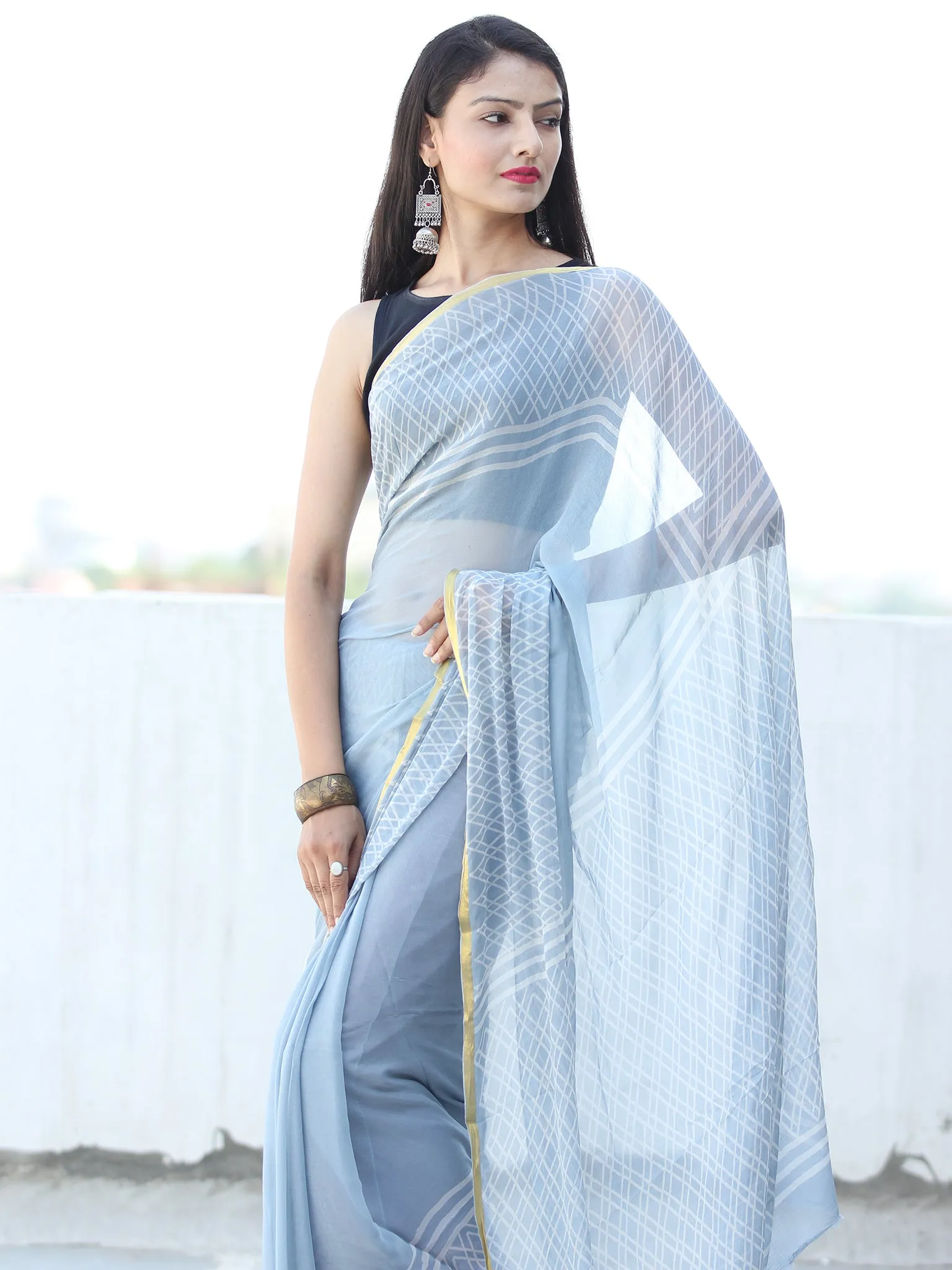 Pastel Blue White Hand Block Printed Chiffon Saree with Zari Border - S031703937