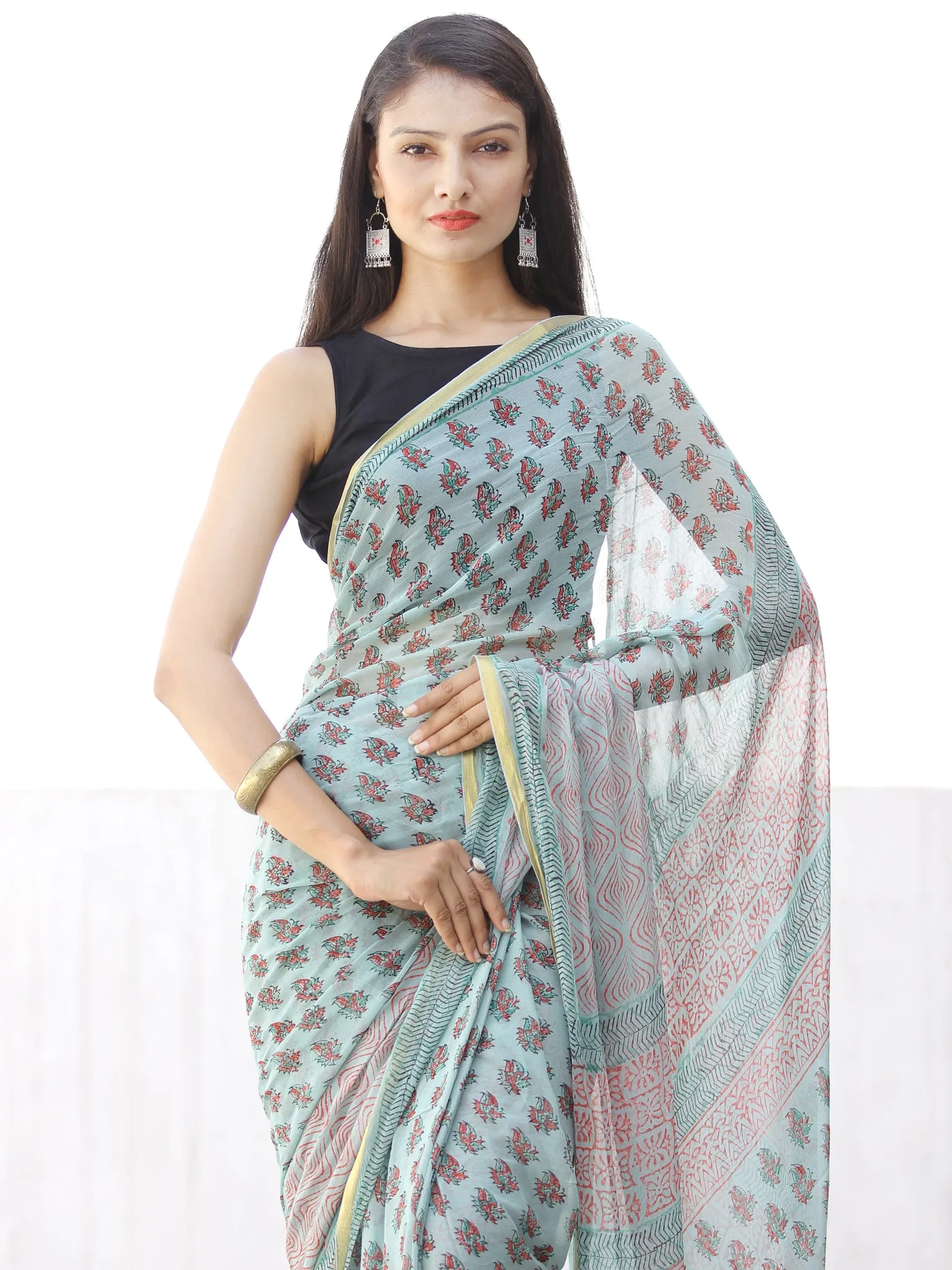 Pastel Green Coral Hand Block Printed Chiffon Saree with Zari Border - S031703968